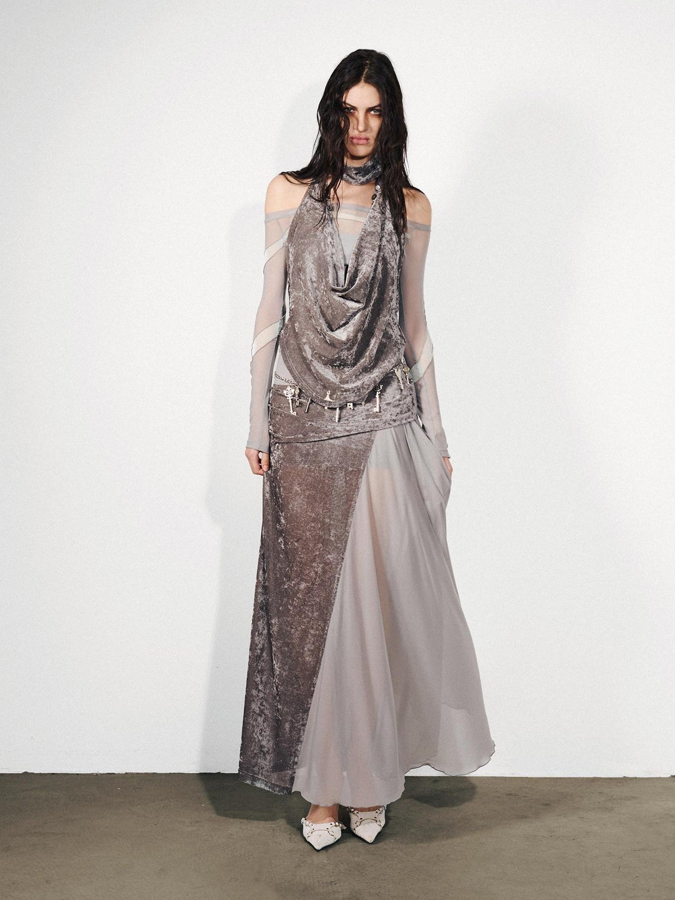 NORTH NODE Gray Flocked Mesh One Shoulder Two Piece Look Women&