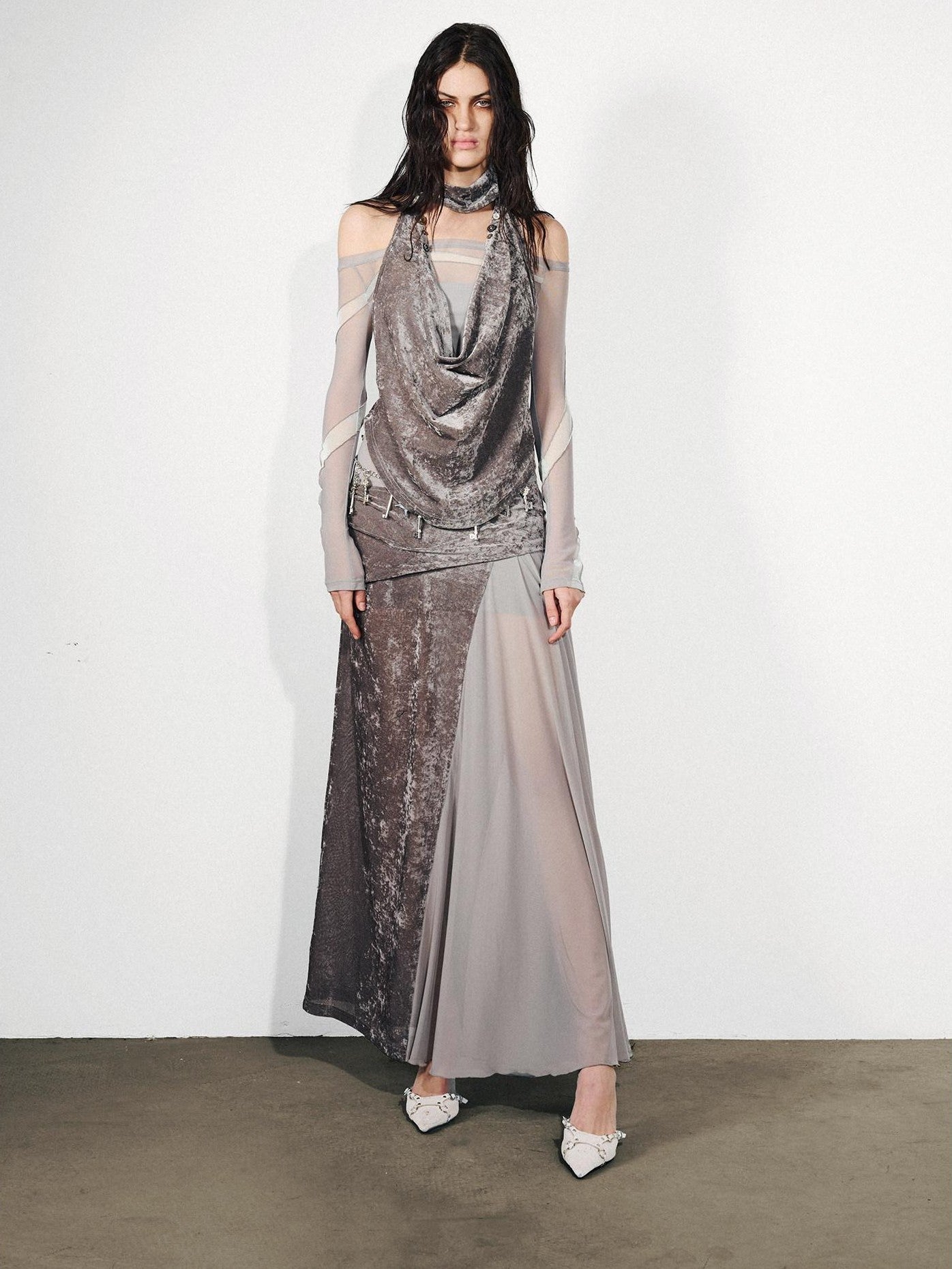NORTH NODE Gray Flocked Mesh One Shoulder Two Piece Look Women&