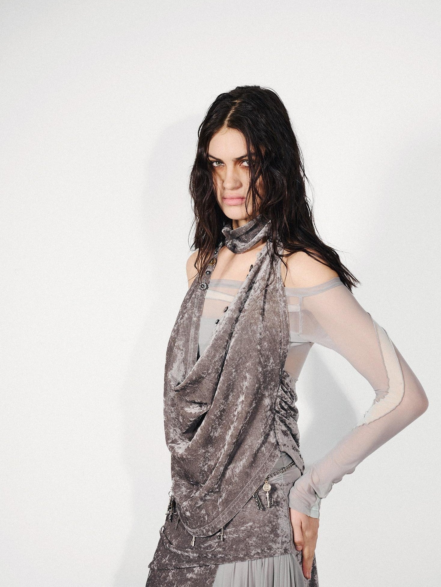 NORTH NODE Gray Flocked Mesh One Shoulder Two Piece Look Women&