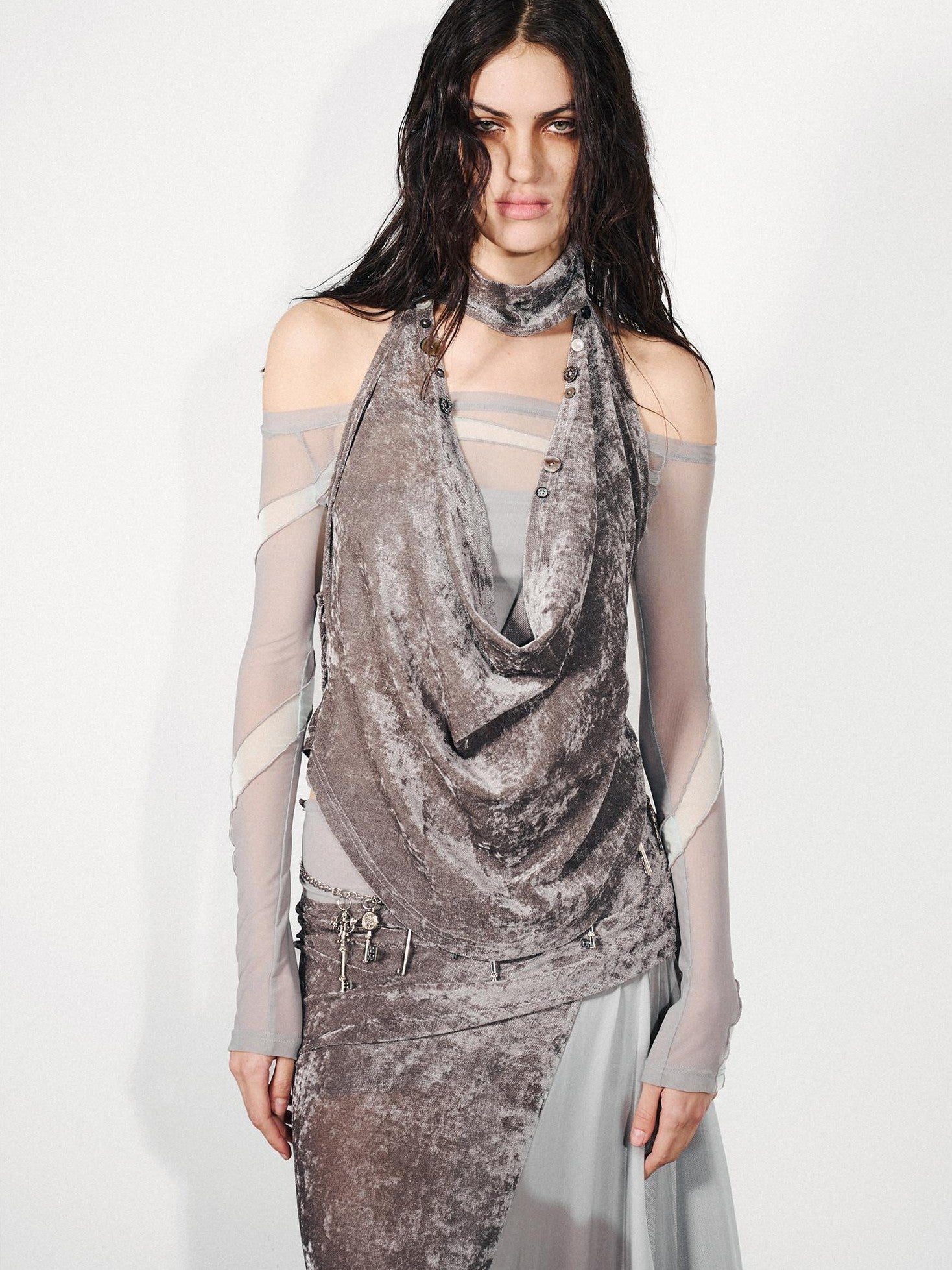 NORTH NODE Gray Flocked Mesh One Shoulder Two Piece Look Women&