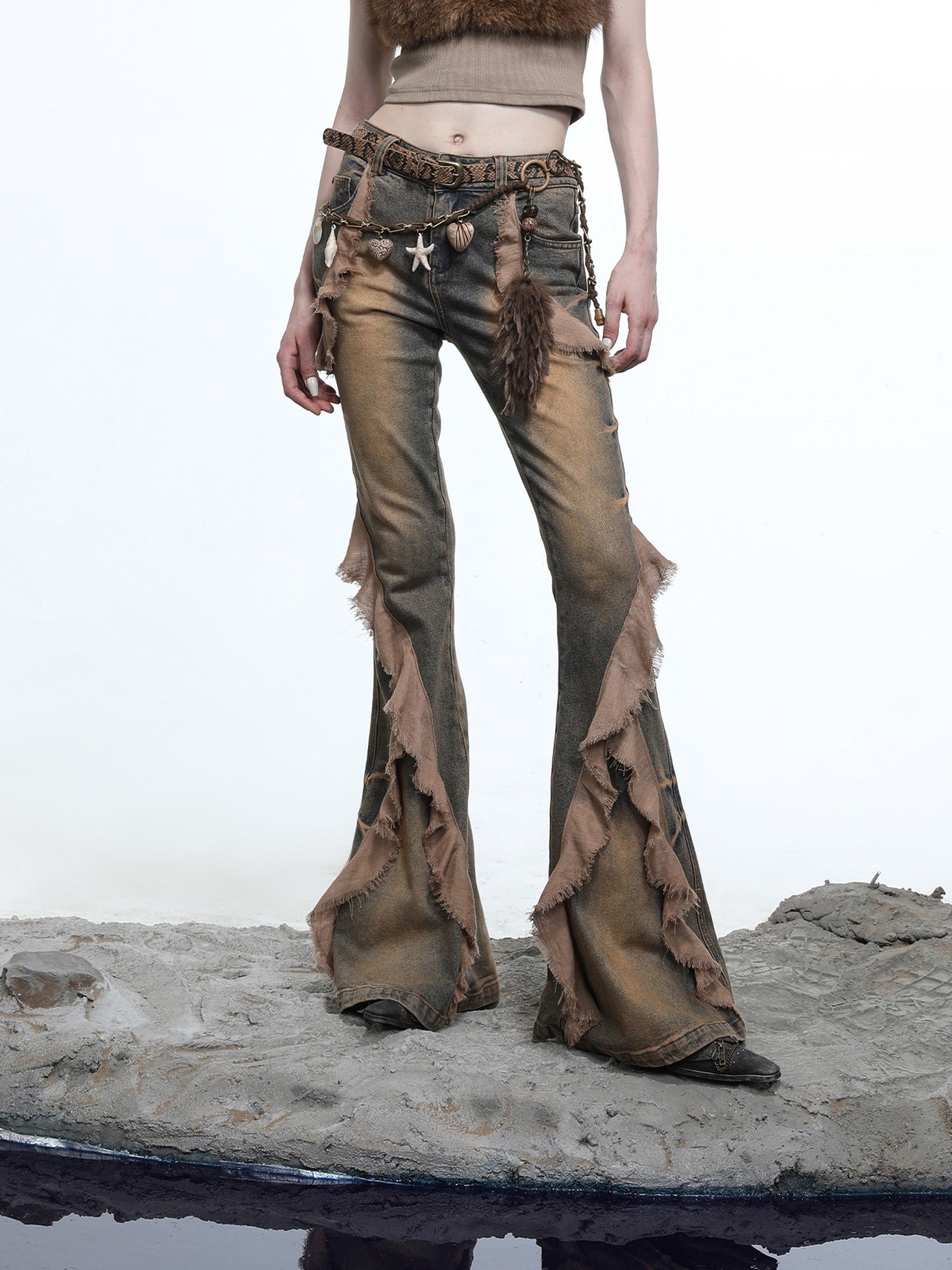 NORTH NODE Heavy Wash Ruffle Spliced Patchwork Punk Women&