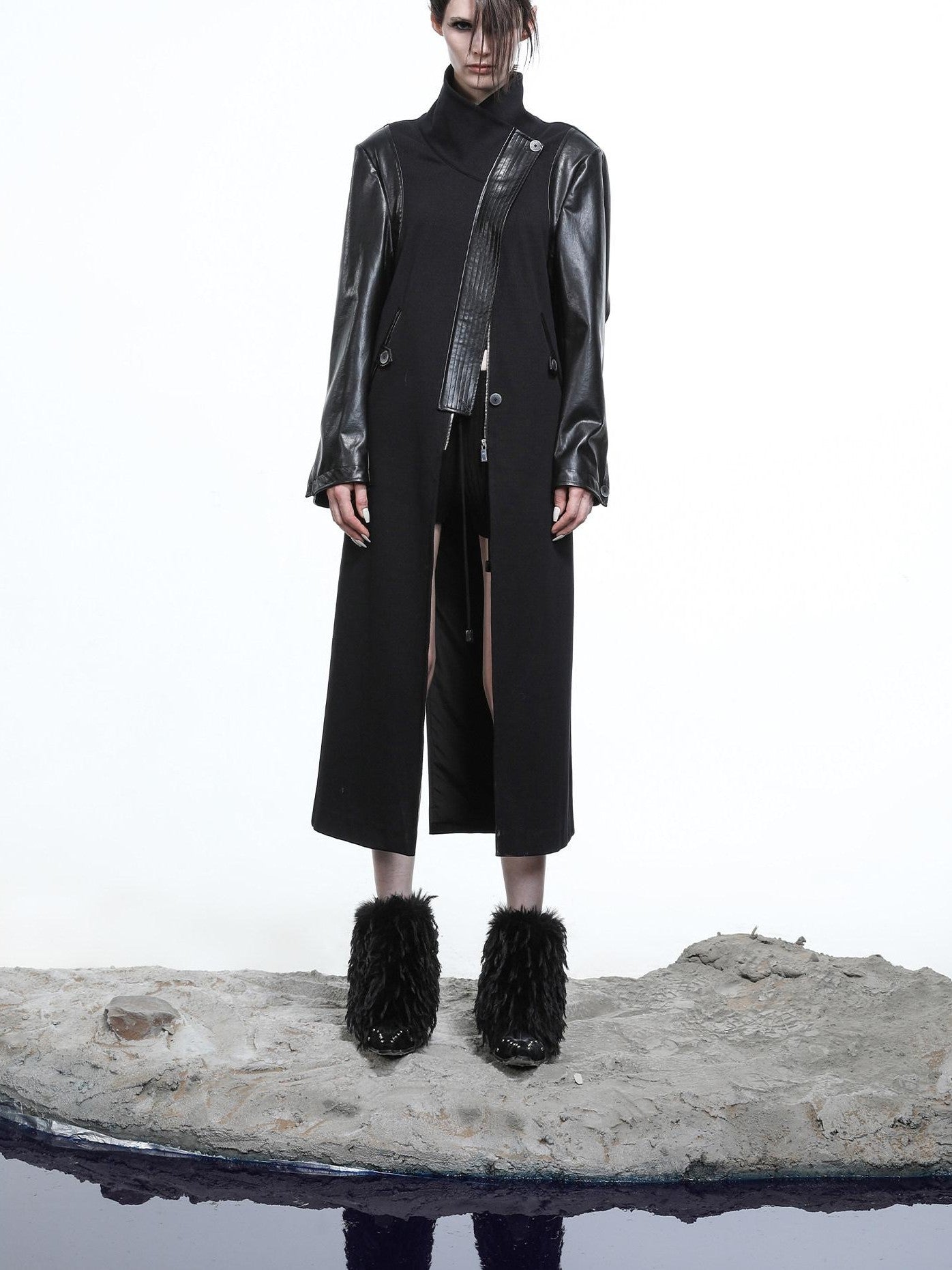 NORTH NODE High Collar Patchwork Pu Texture Women&