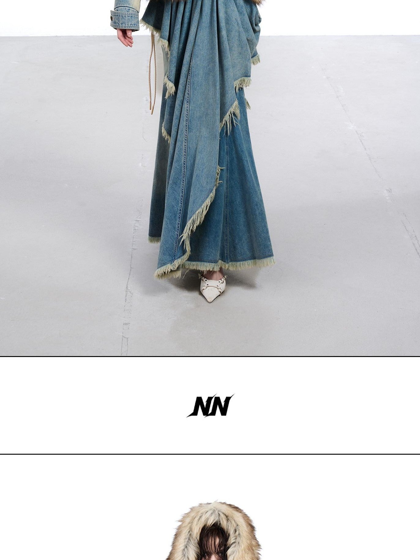 NORTH NODE Hooded Faux Shearling Lined Washed Denim Spliced Women&