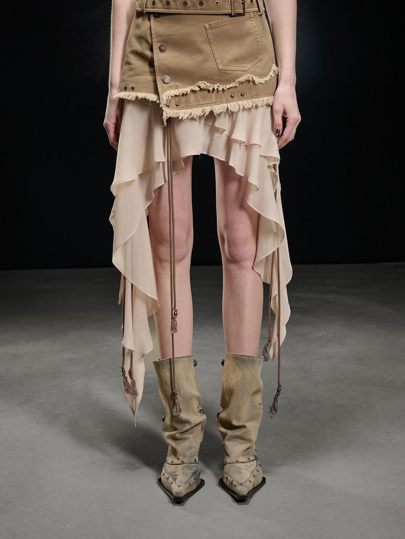 NORTH NODE Khaki Canvas Panelled Ruffle Asymmetrical Hem Women&