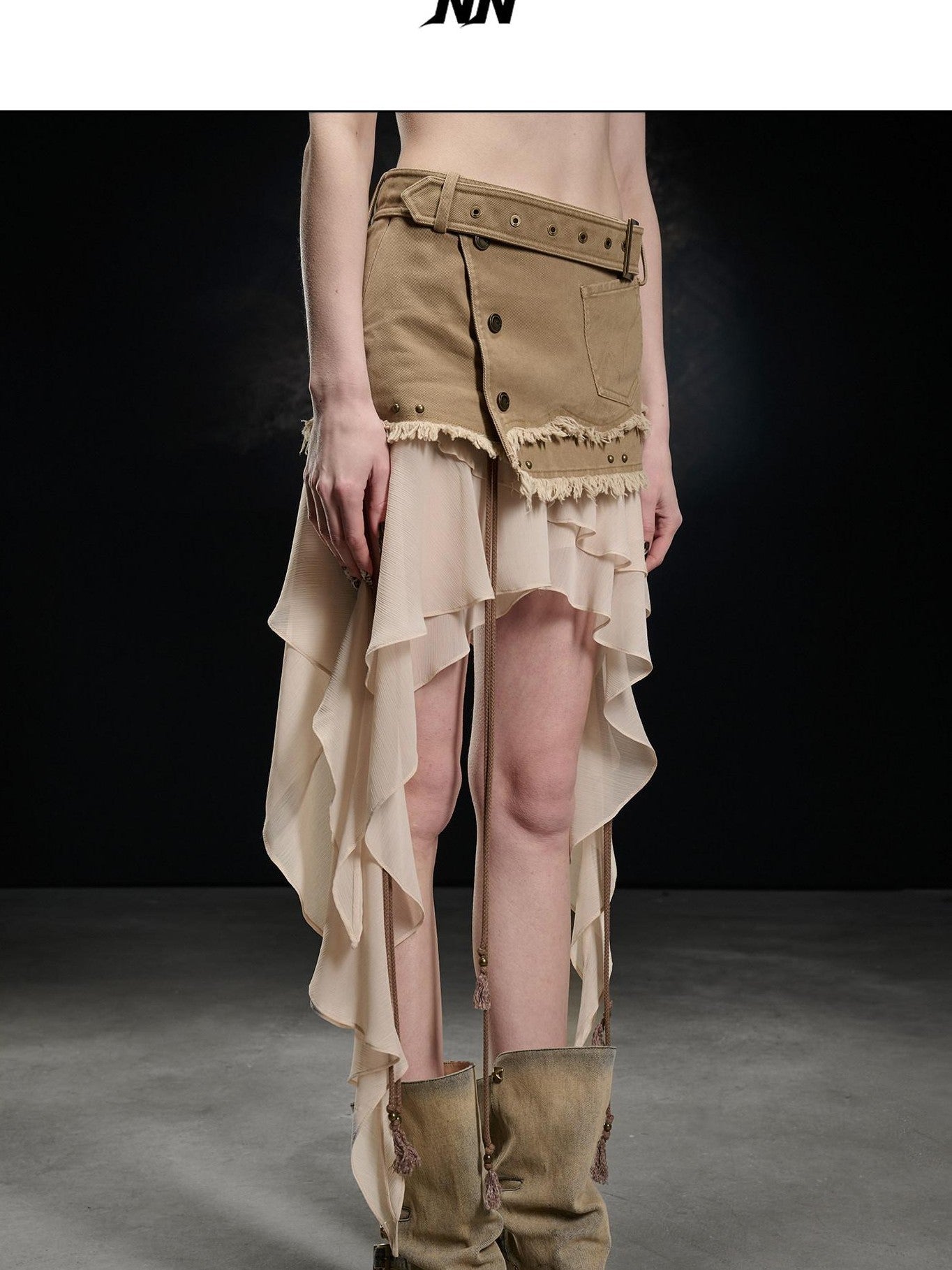 NORTH NODE Khaki Canvas Panelled Ruffle Asymmetrical Hem Women&