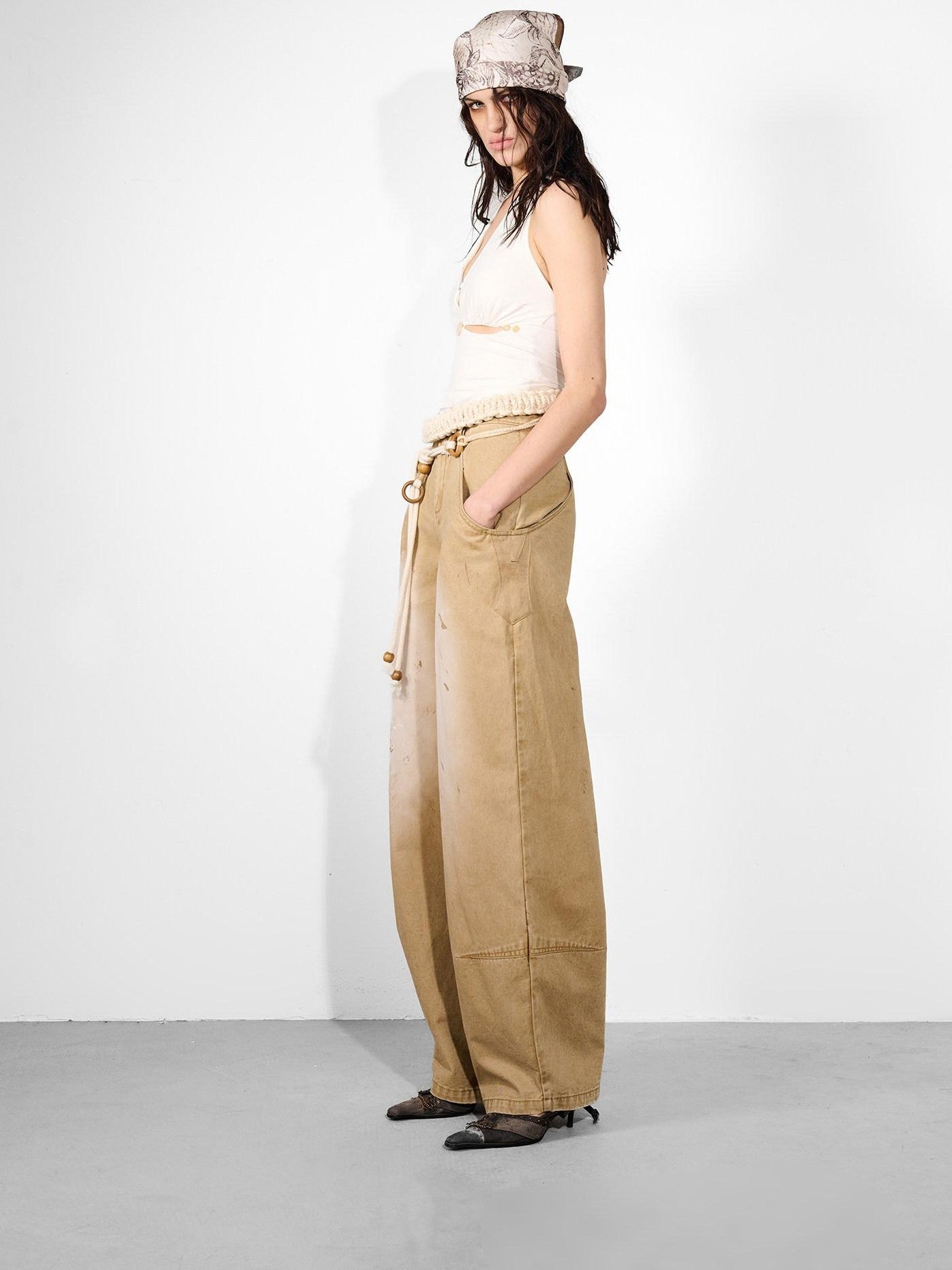 NORTH NODE Khaki Dirty Wash Distressed Curved Cut Women&
