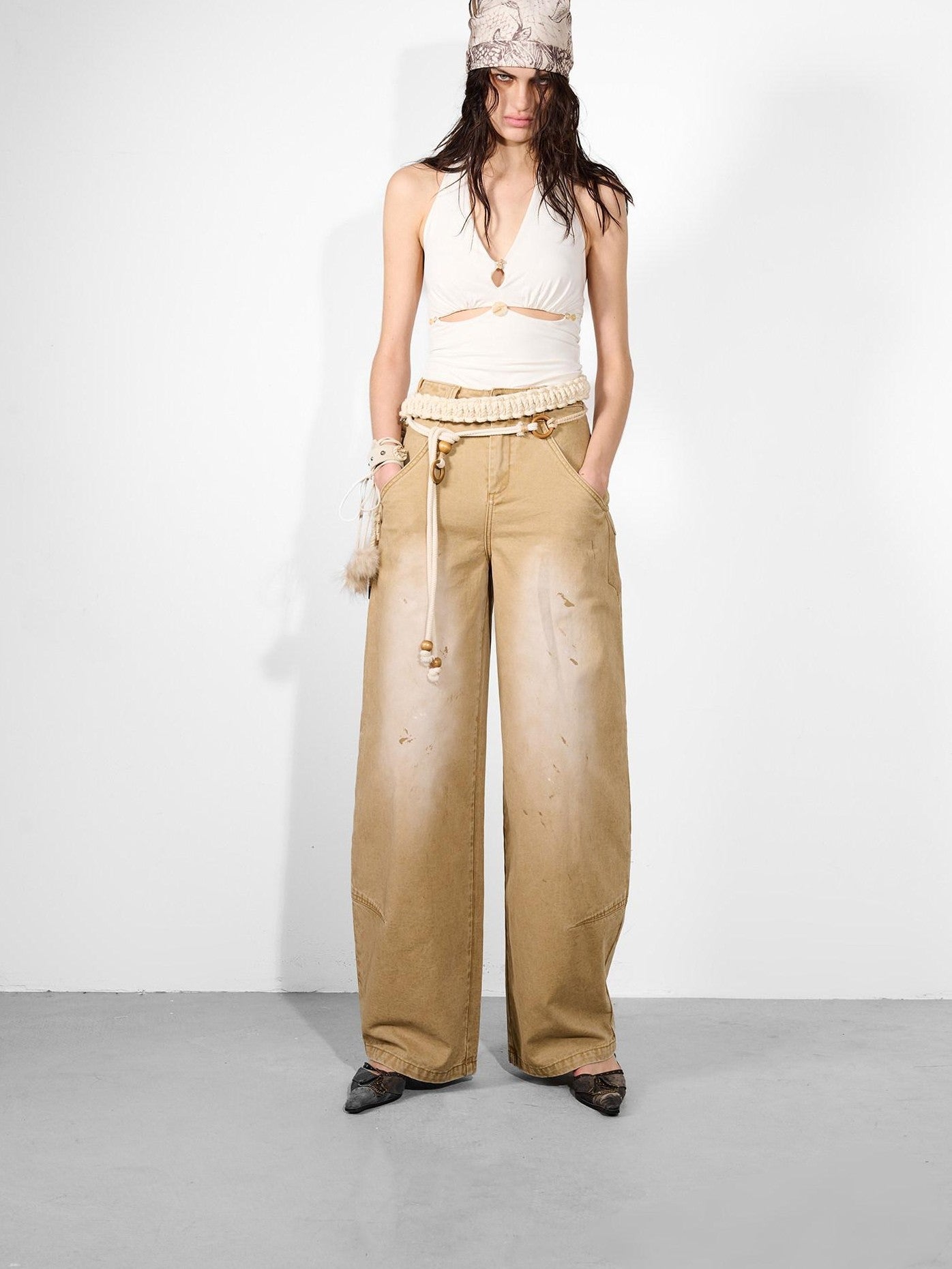 NORTH NODE Khaki Dirty Wash Distressed Curved Cut Women&