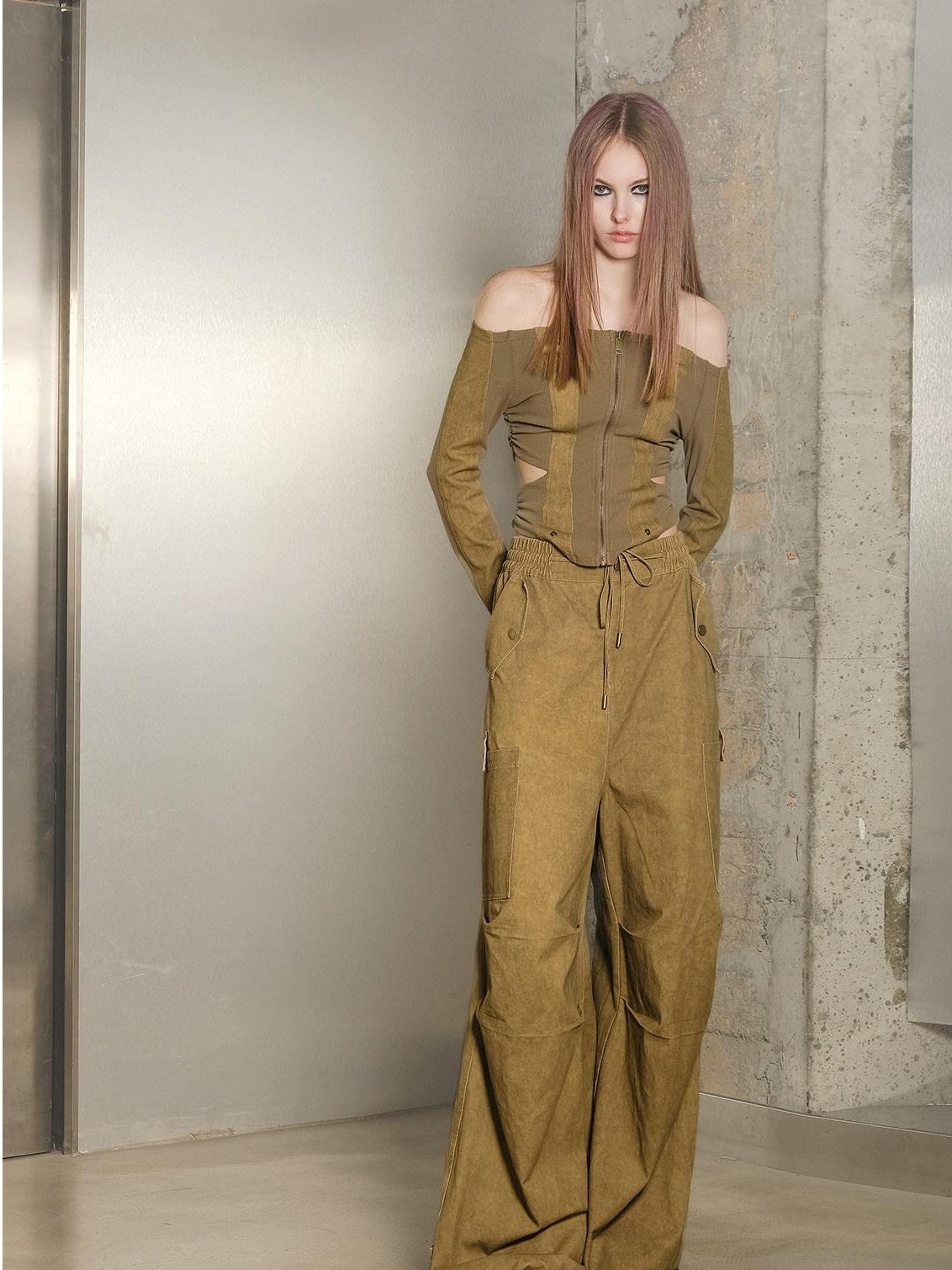 NORTH NODE Khaki Drawstring Paratrooper Pocket Hooded Women&
