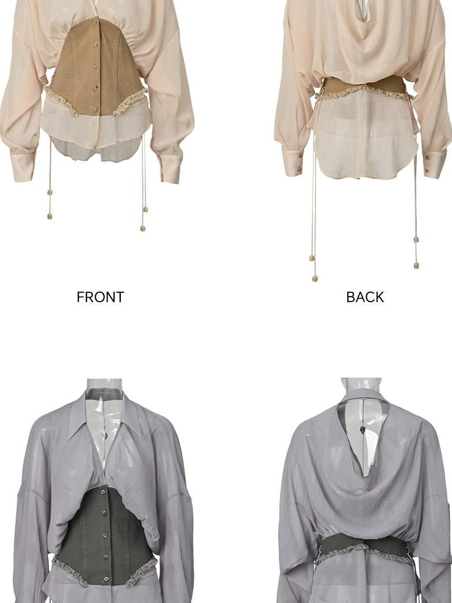 NORTH NODE Khaki Splice Cinched Waist V-neck Slim Women&