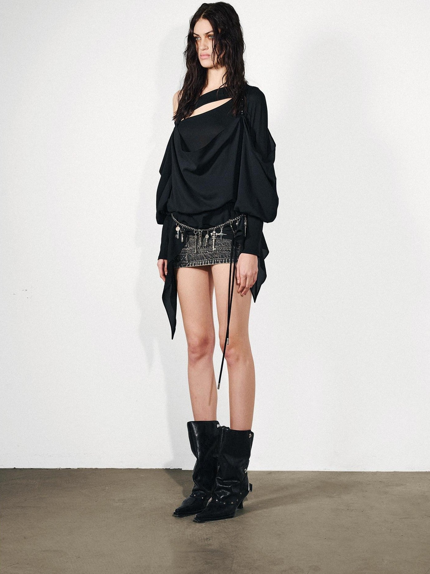 NORTH NODE Knit Splice Asymmetric Ruffle One Shoulder Women&