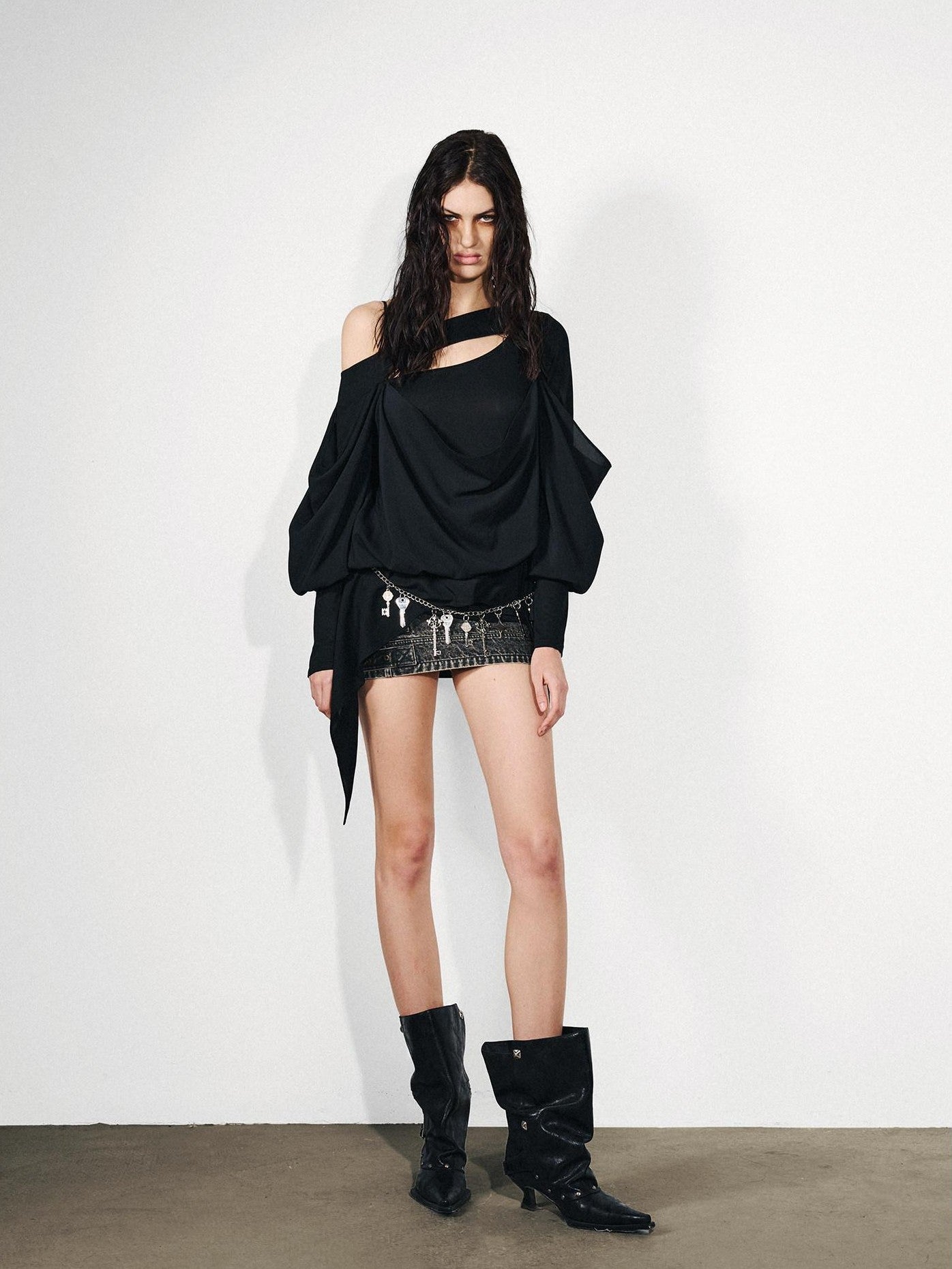NORTH NODE Knit Splice Asymmetric Ruffle One Shoulder Women&