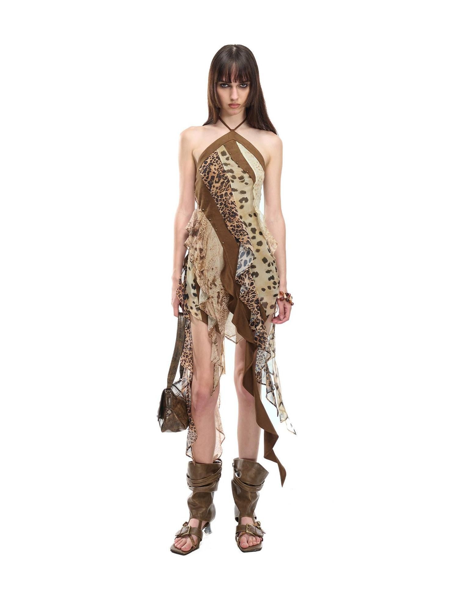 NORTH NODE Leopard Patchwork Print Asymmetrical Ruffle Women&