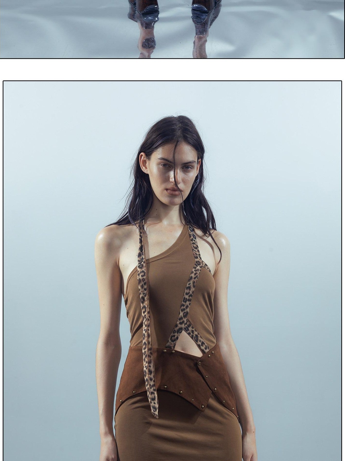 NORTH NODE Leopard Trim Spliced One Shoulder Women&