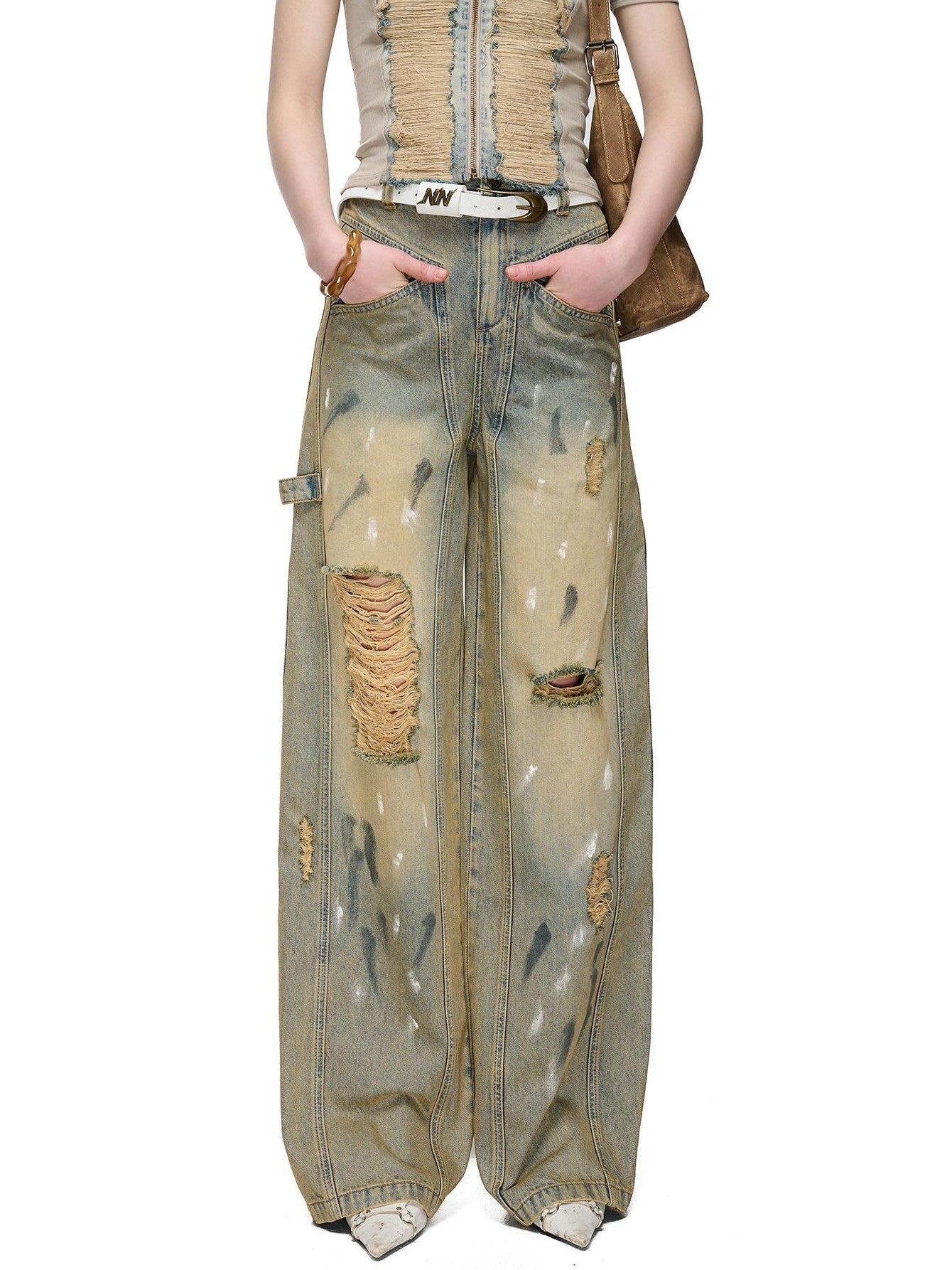NORTH NODE Light Blue Washed Brushed Ripped Natural Waist Women&