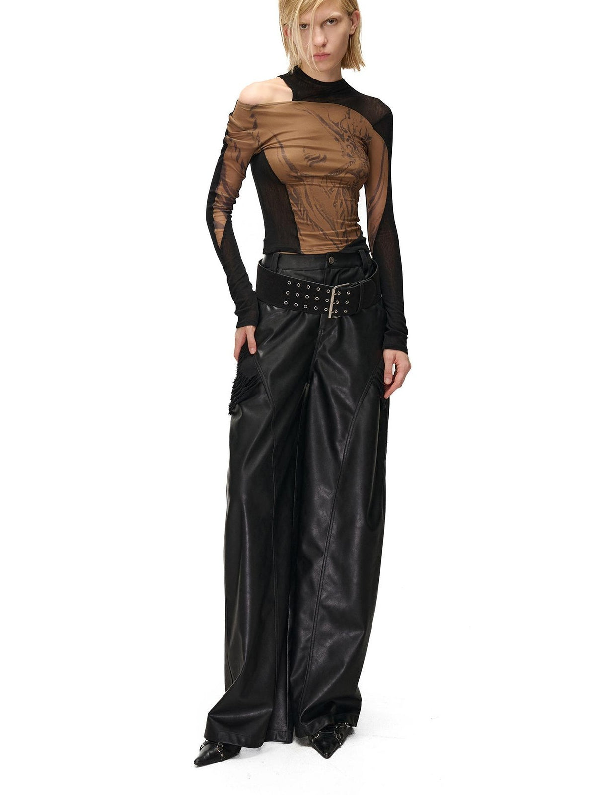 NORTH NODE Mesh Print Patchwork Half High Neck Women&
