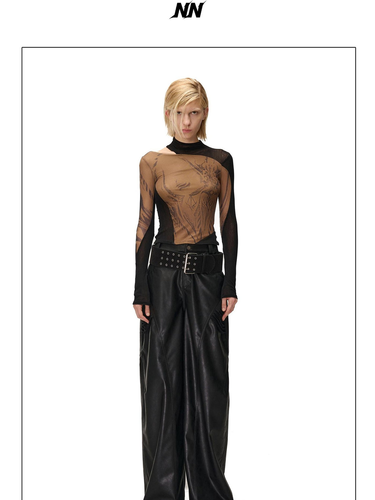 NORTH NODE Mesh Print Patchwork Half High Neck Women&