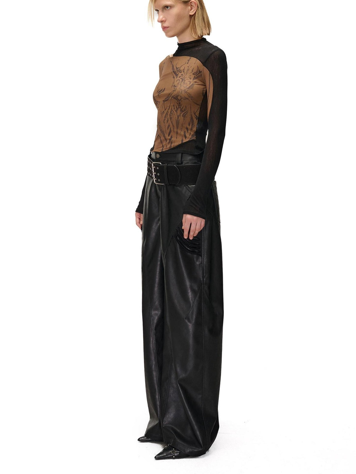 NORTH NODE Mesh Print Patchwork Half High Neck Women&