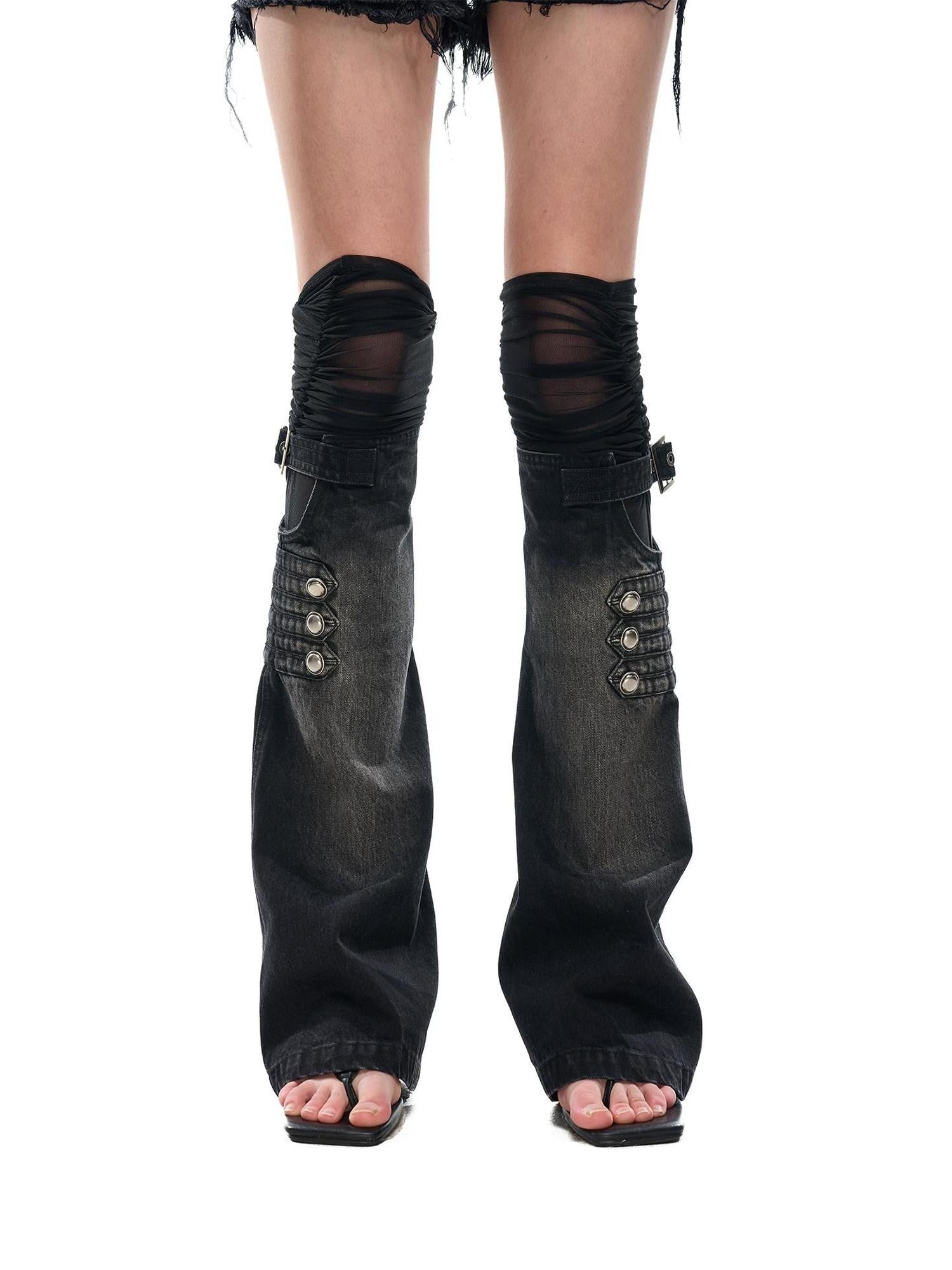 NORTH NODE Mesh Splice Washed Denim Micro Flare Women&