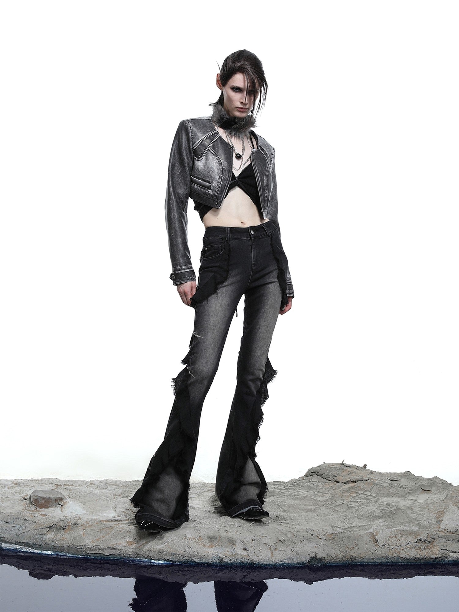 NORTH NODE Mottled Stonewash High Waist Cropped Zipper Biker Women&
