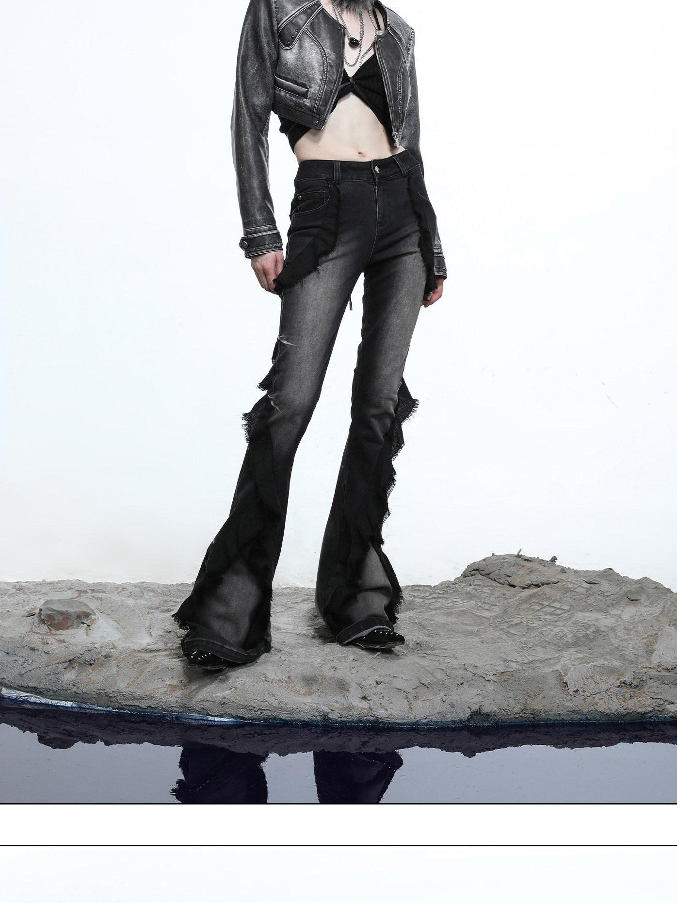 NORTH NODE Mottled Stonewash High Waist Cropped Zipper Biker Women&