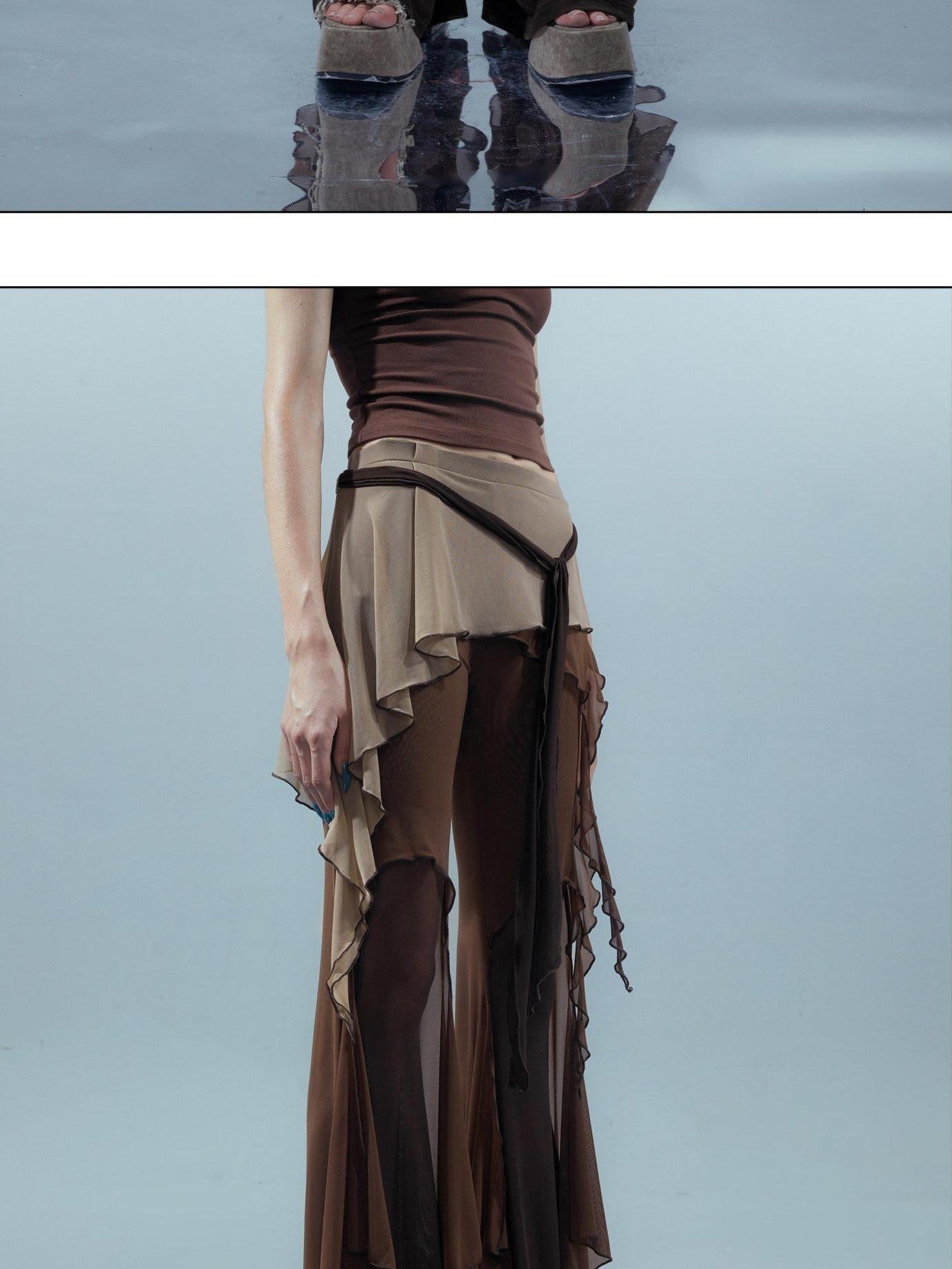 NORTH NODE Multi Fabric Patchwork Asymmetric Ruffle Lace Women&