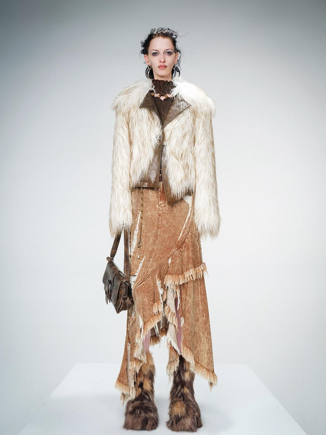 NORTH NODE Ombre Gradient Leather Patchwork Fuzzy Women&