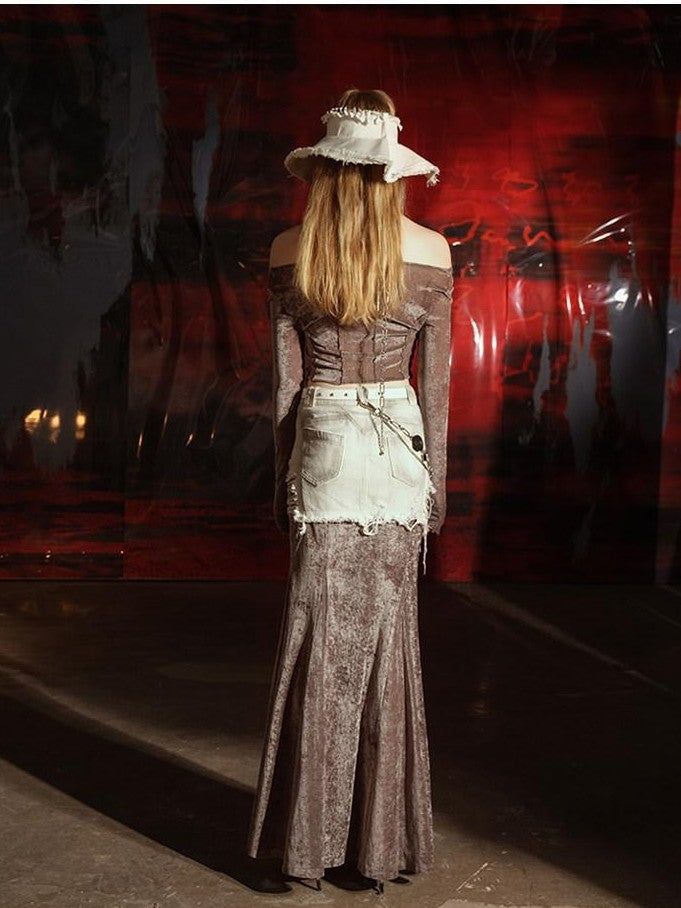 NORTH NODE One Shoulder Flocked Mesh Patchwork Women&