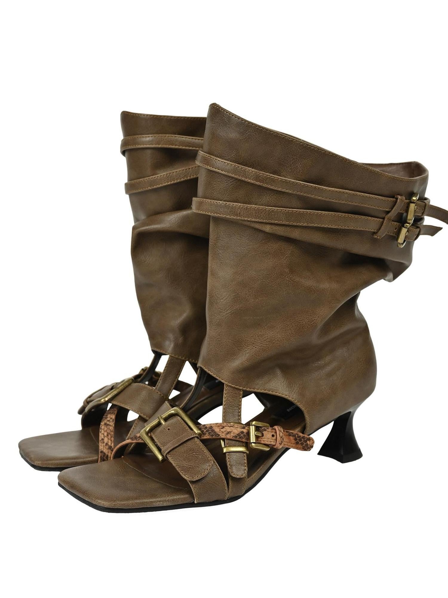 NORTH NODE Open Toe Ruched Cuff Slouchy Shaft High Heel Women&