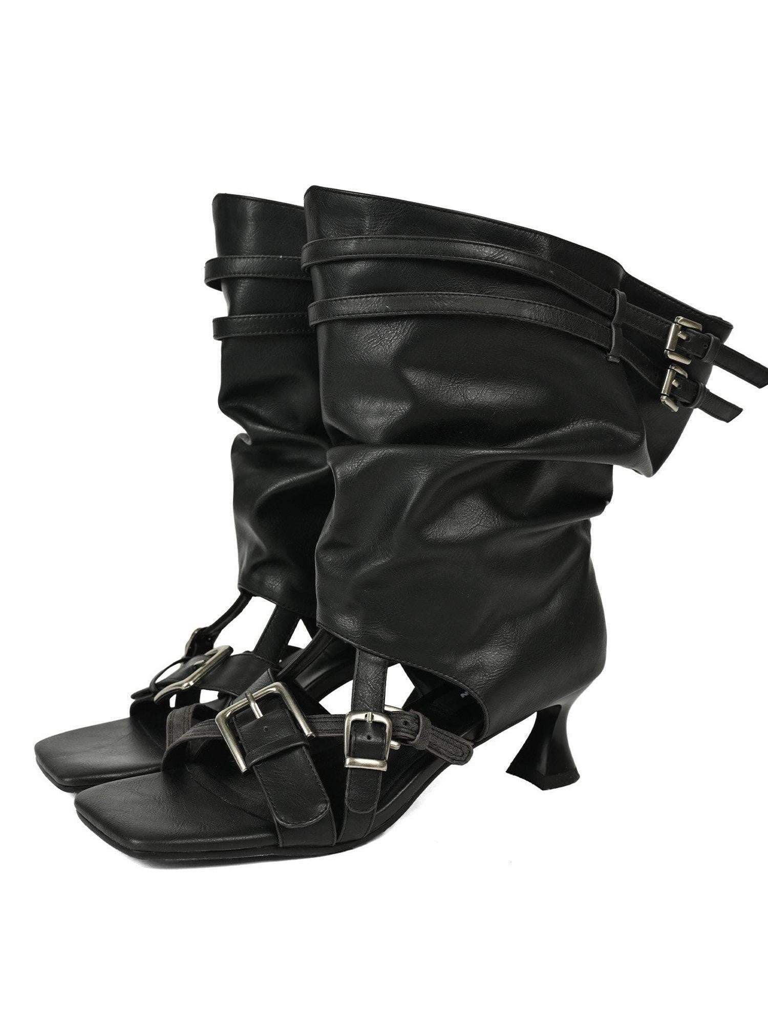 NORTH NODE Open Toe Ruched Cuff Slouchy Shaft High Heel Women&