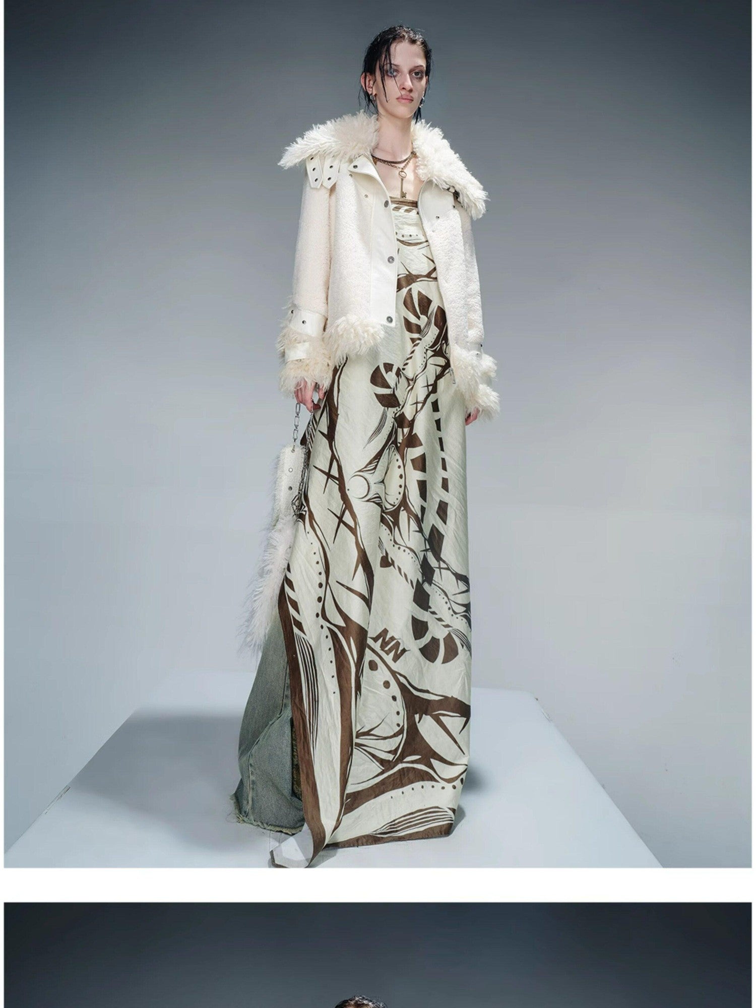 NORTH NODE Patchwork Leather Faux Fur Padded Crystal Velvet Lined Women&