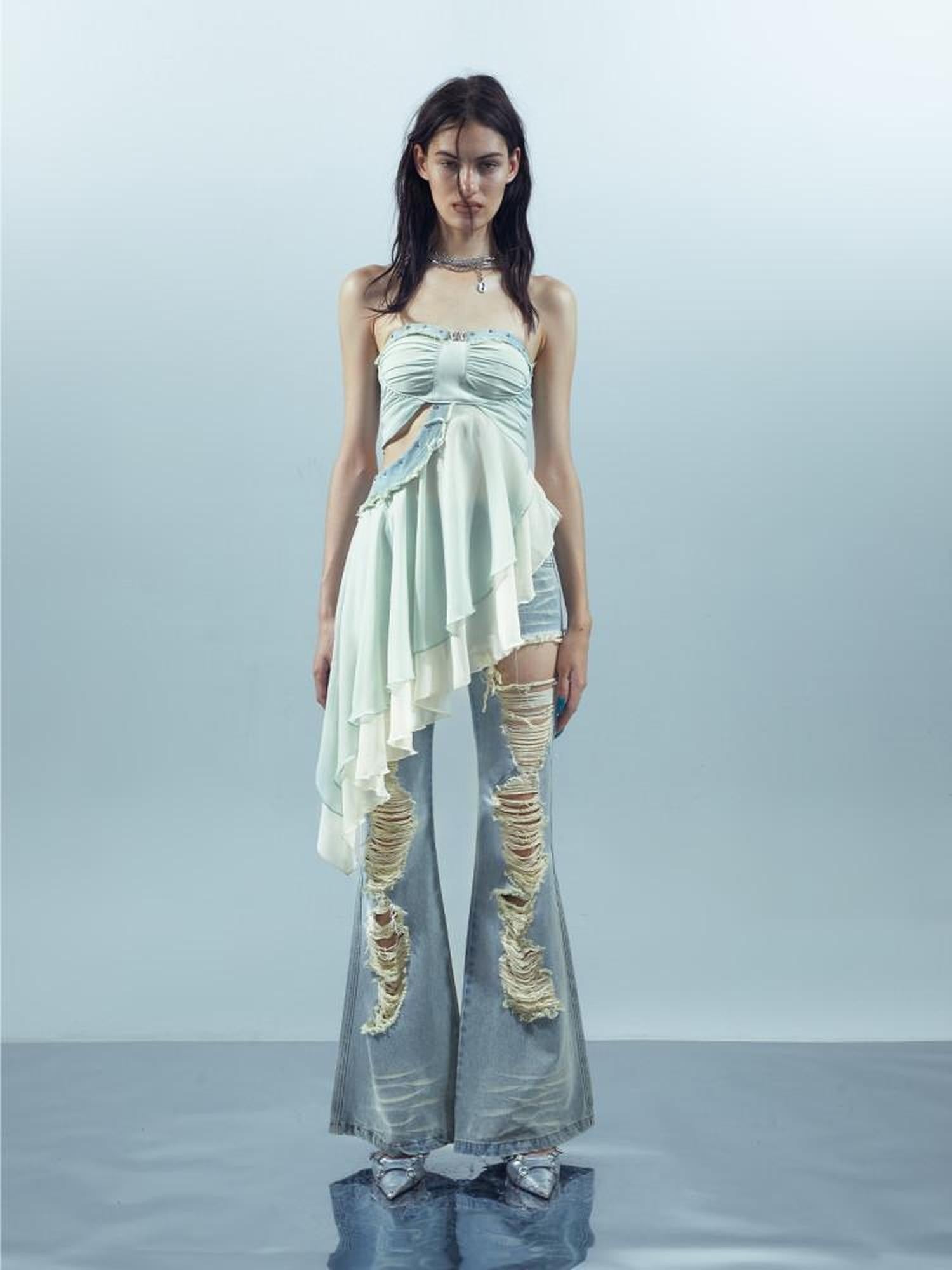 NORTH NODE Patchwork Spliced Ruffle Asymmetrical Strapless Women&