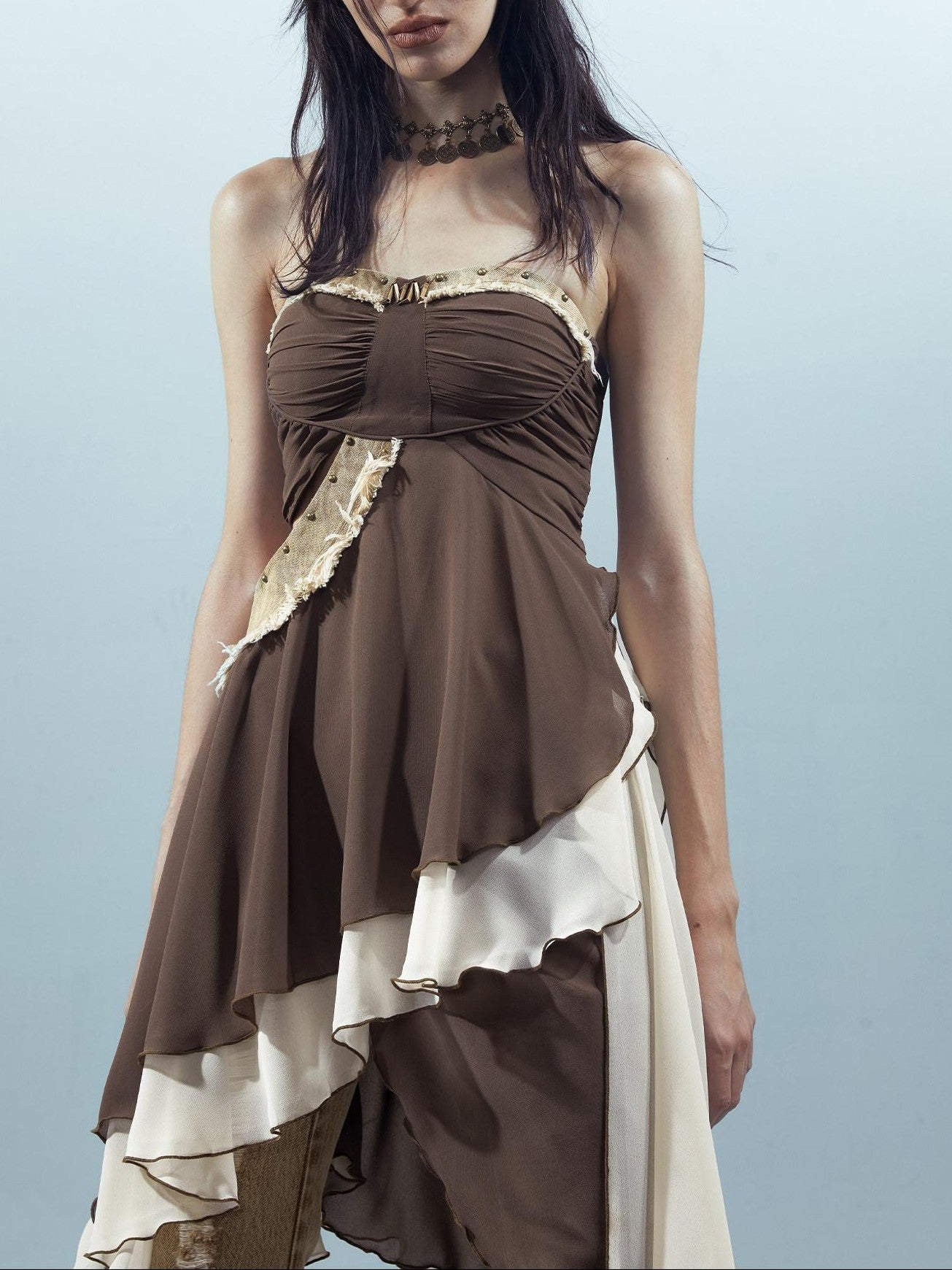 NORTH NODE Patchwork Spliced Ruffle Asymmetrical Strapless Women&
