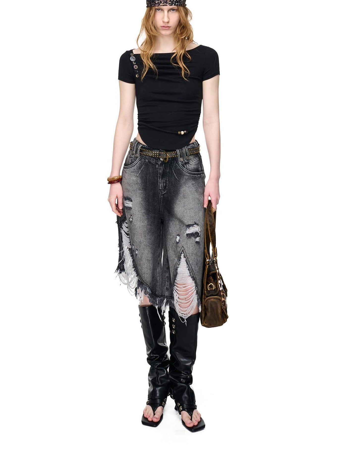 NORTH NODE Pebble Print Asymmetric Ruched Beaded Button Women&