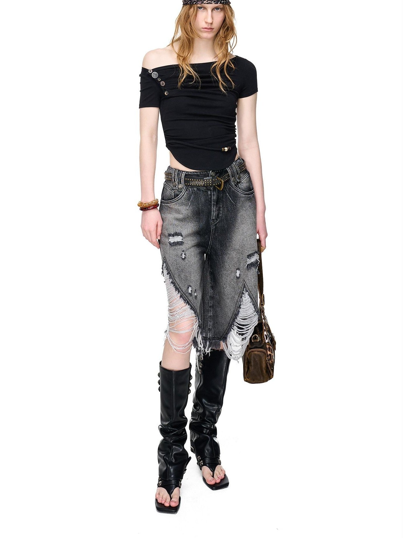 NORTH NODE Pebble Print Asymmetric Ruched Beaded Button Women&