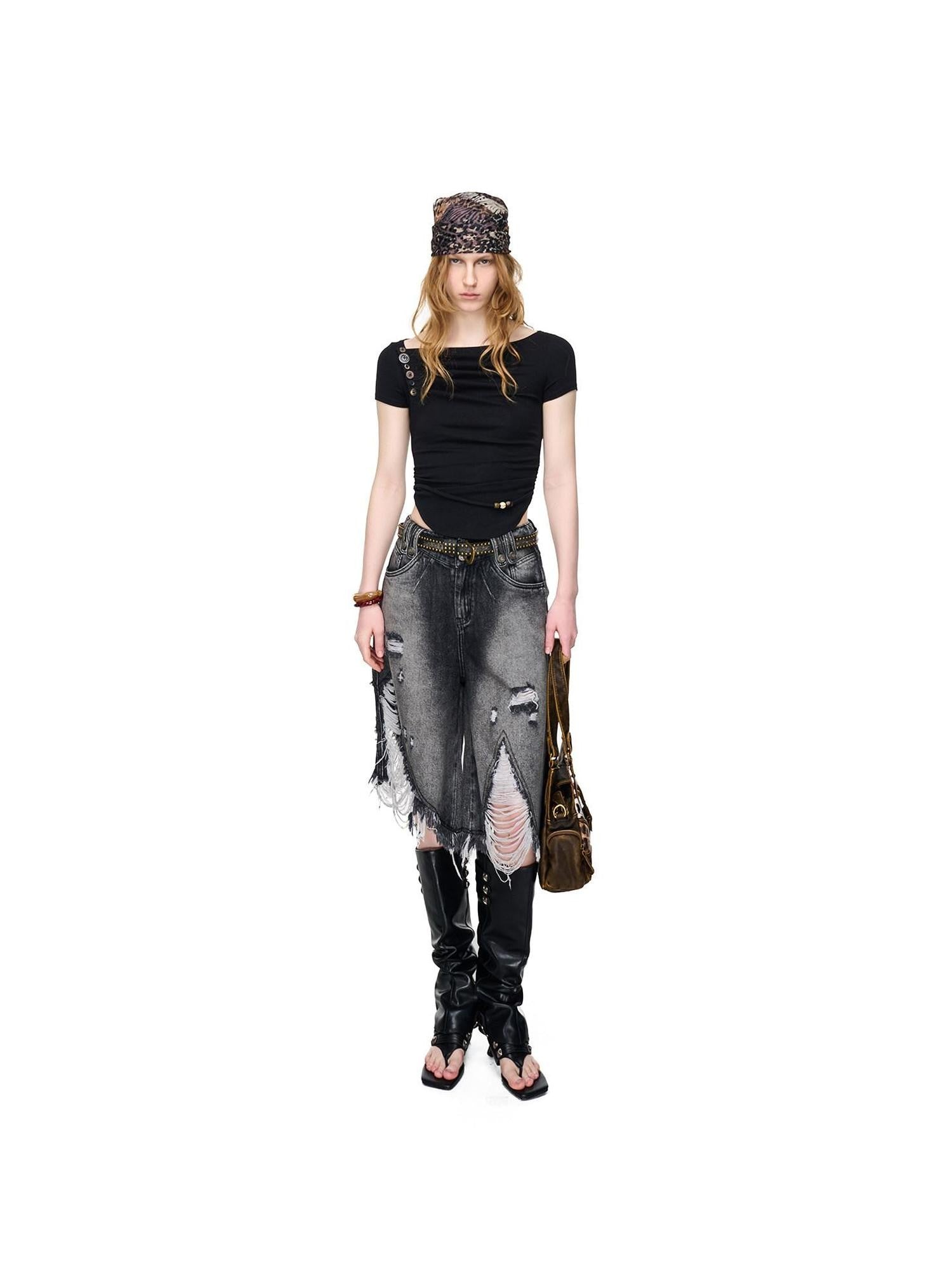 NORTH NODE Pebble Print Asymmetric Ruched Beaded Button Women&