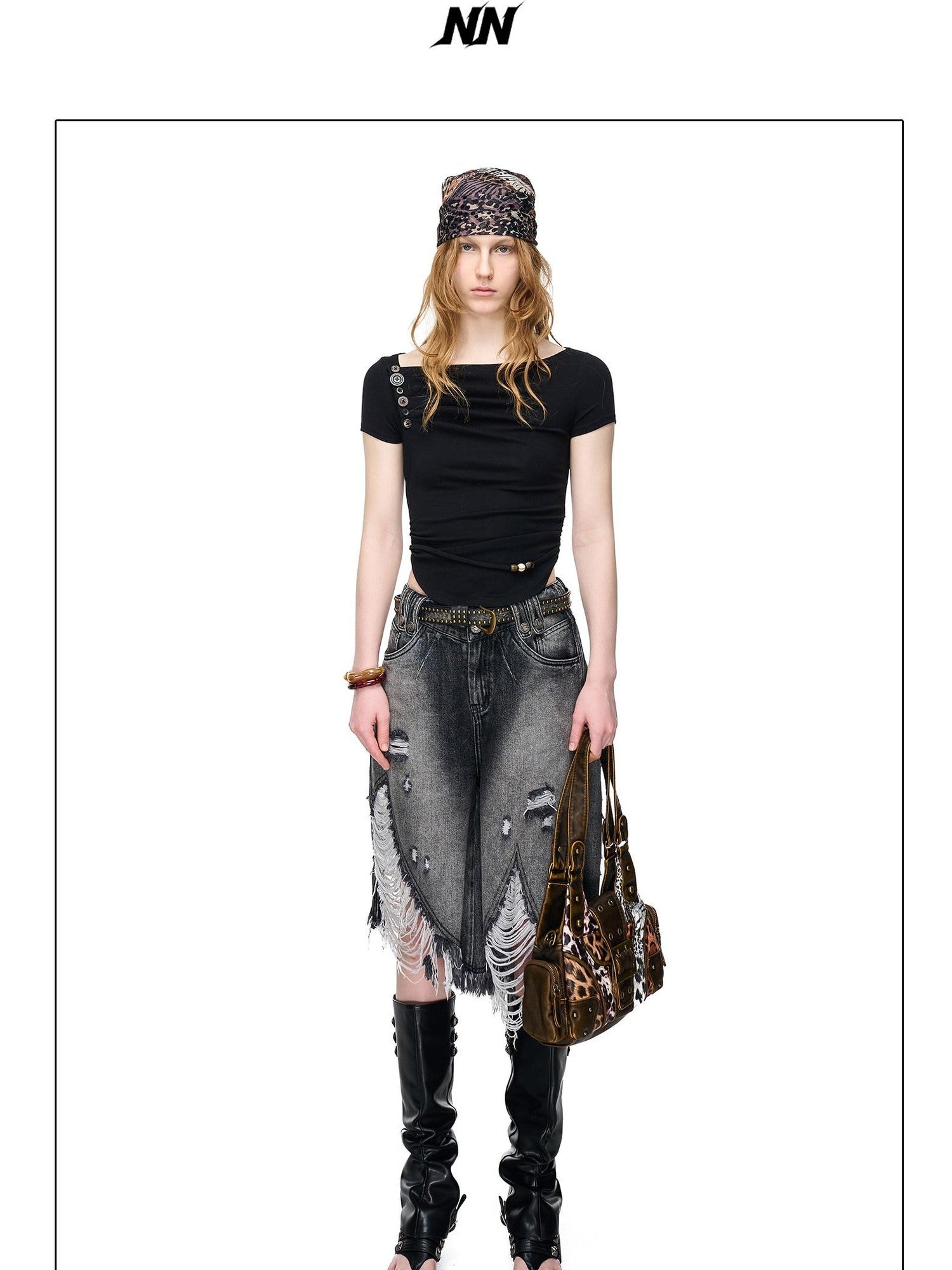 NORTH NODE Pebble Print Asymmetric Ruched Beaded Button Women&