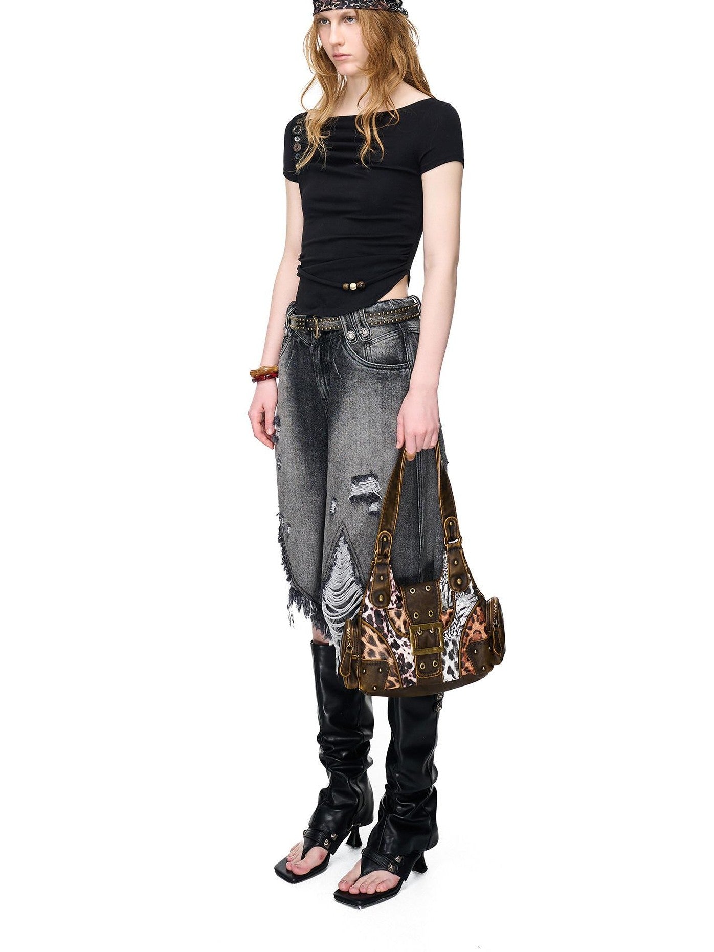 NORTH NODE Pebble Print Asymmetric Ruched Beaded Button Women&