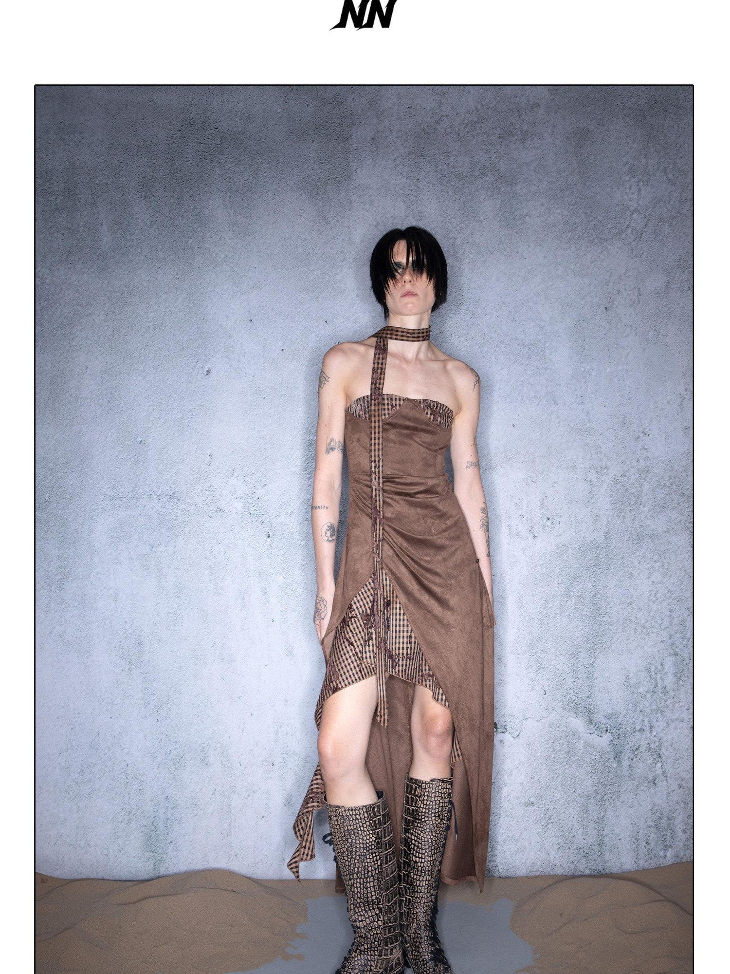 NORTH NODE Plaid Patchwork Bustier Asymmetrical Women&
