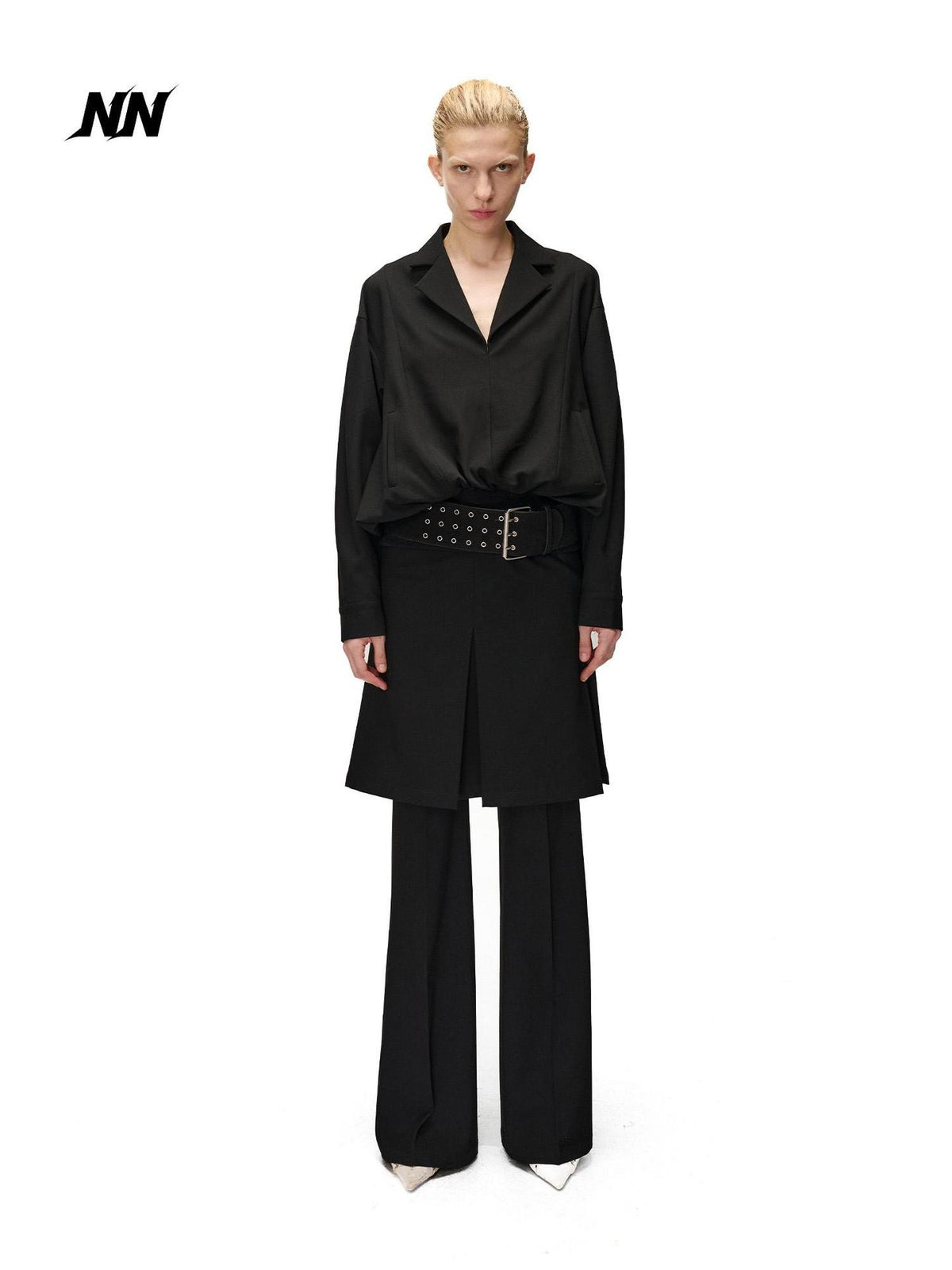 NORTH NODE Pleated Spliced Suit Collar Pullover Women&