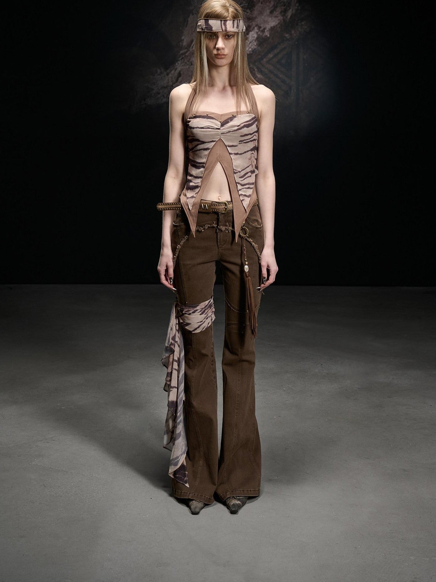 NORTH NODE Printed Chiffon Knit Splice Side Slit Halter Women&