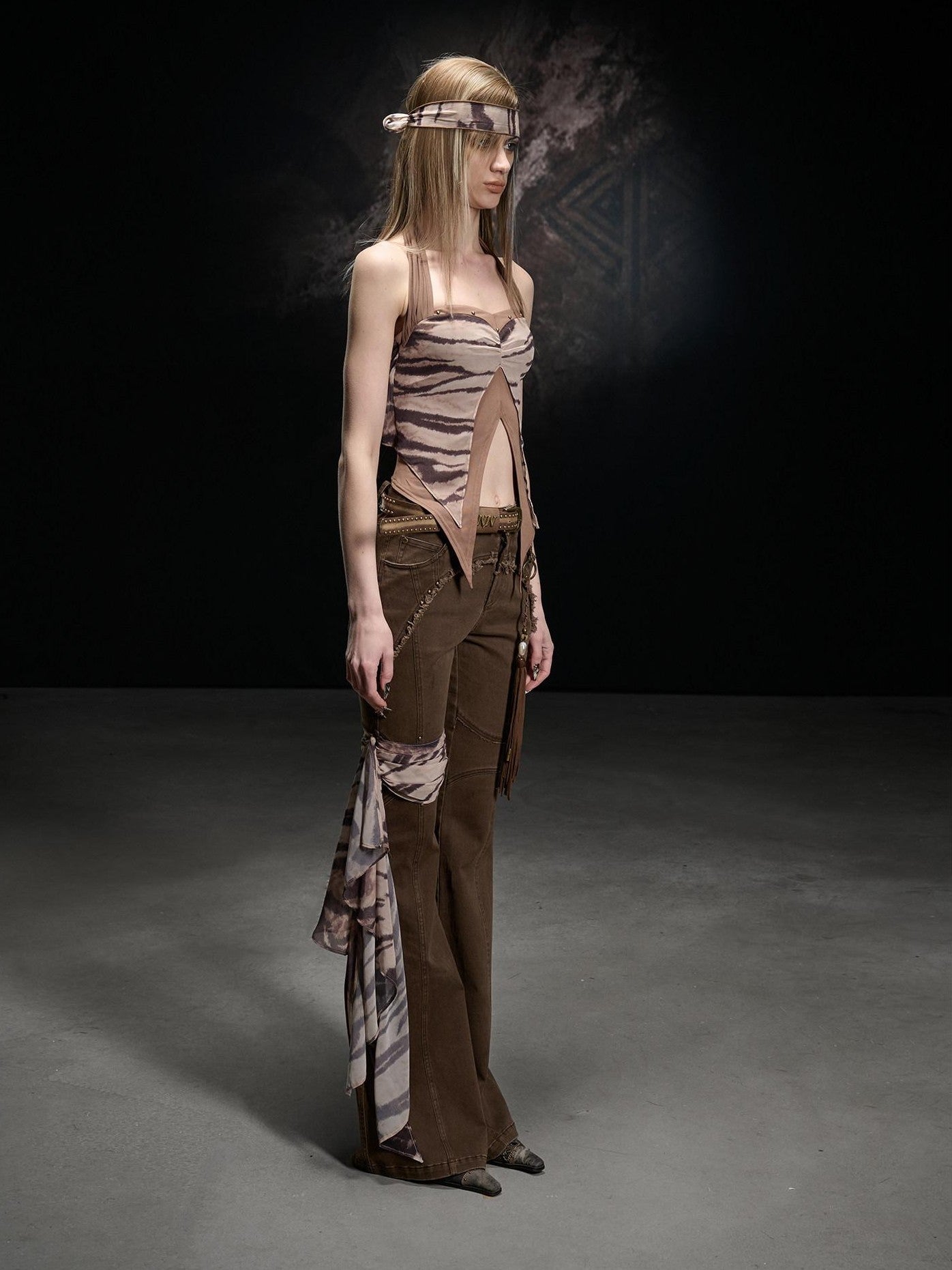 NORTH NODE Printed Chiffon Knit Splice Side Slit Halter Women&