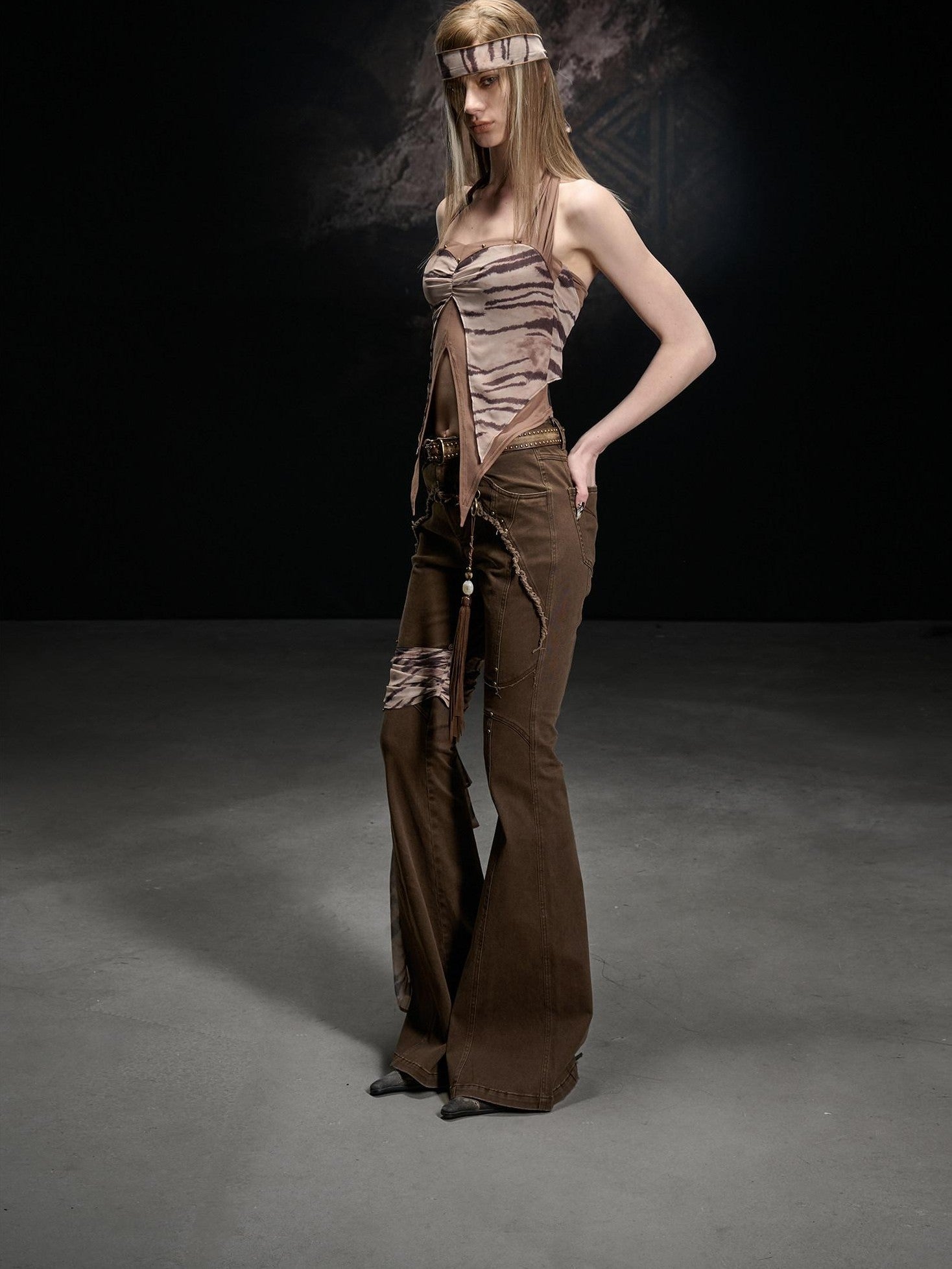 NORTH NODE Printed Chiffon Knit Splice Side Slit Halter Women&