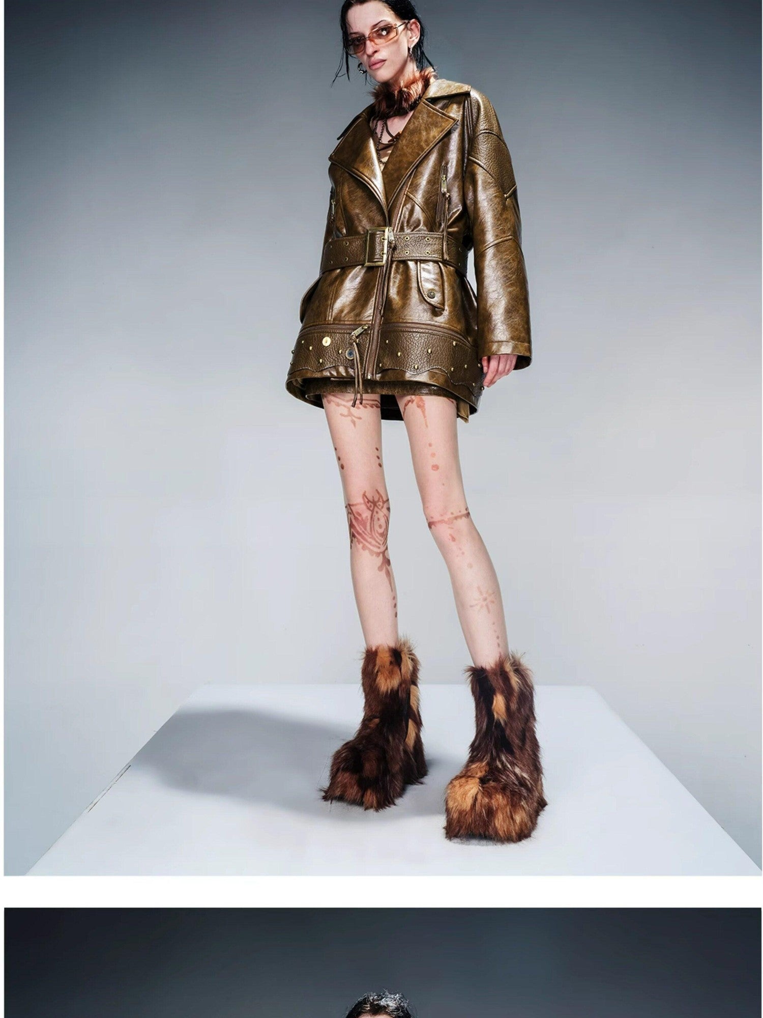 NORTH NODE Quilted Detachable Fur Collar Cropped Loose Lapel Zip Women&