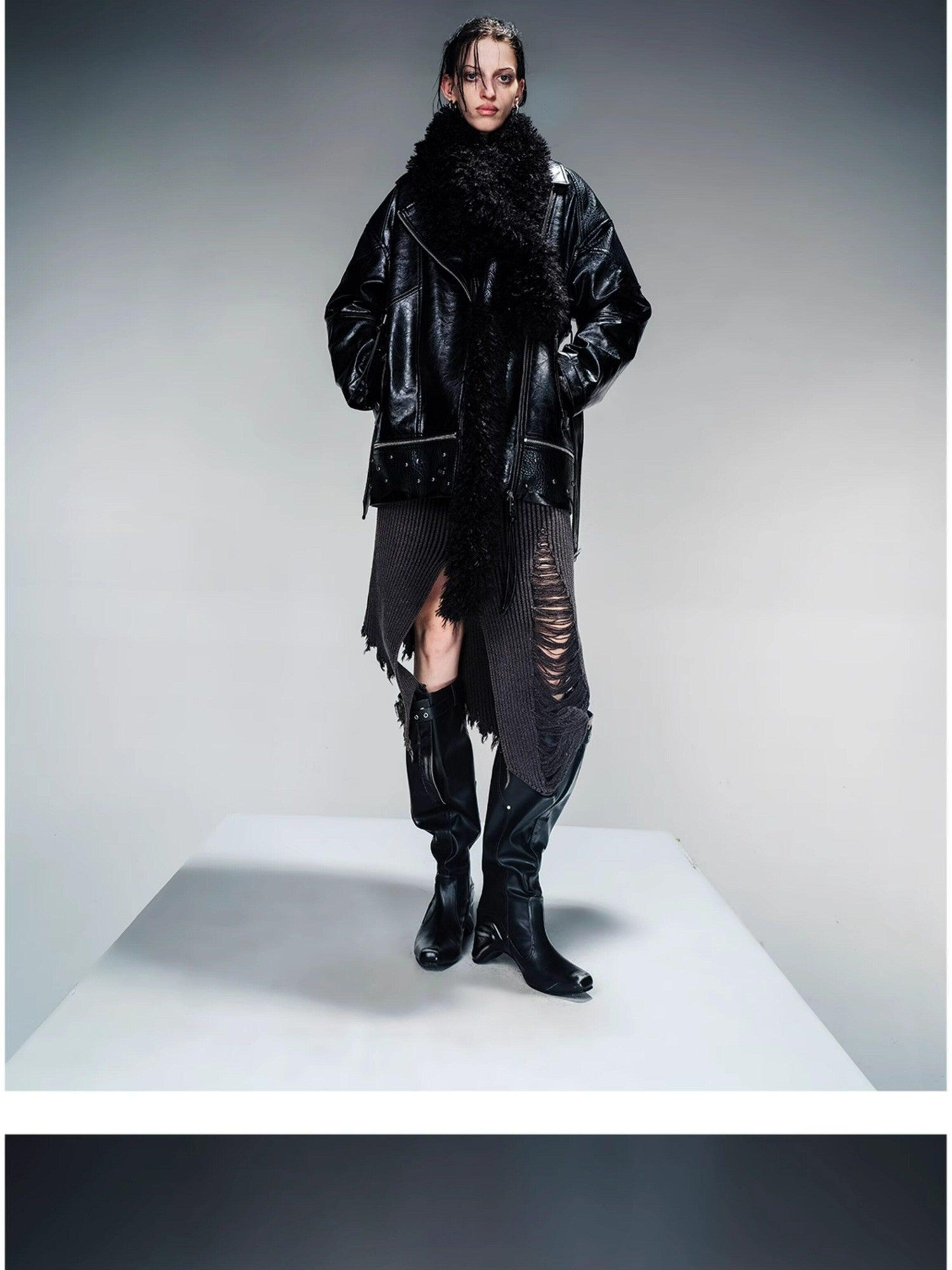 NORTH NODE Quilted Detachable Fur Collar Cropped Loose Lapel Zip Women&