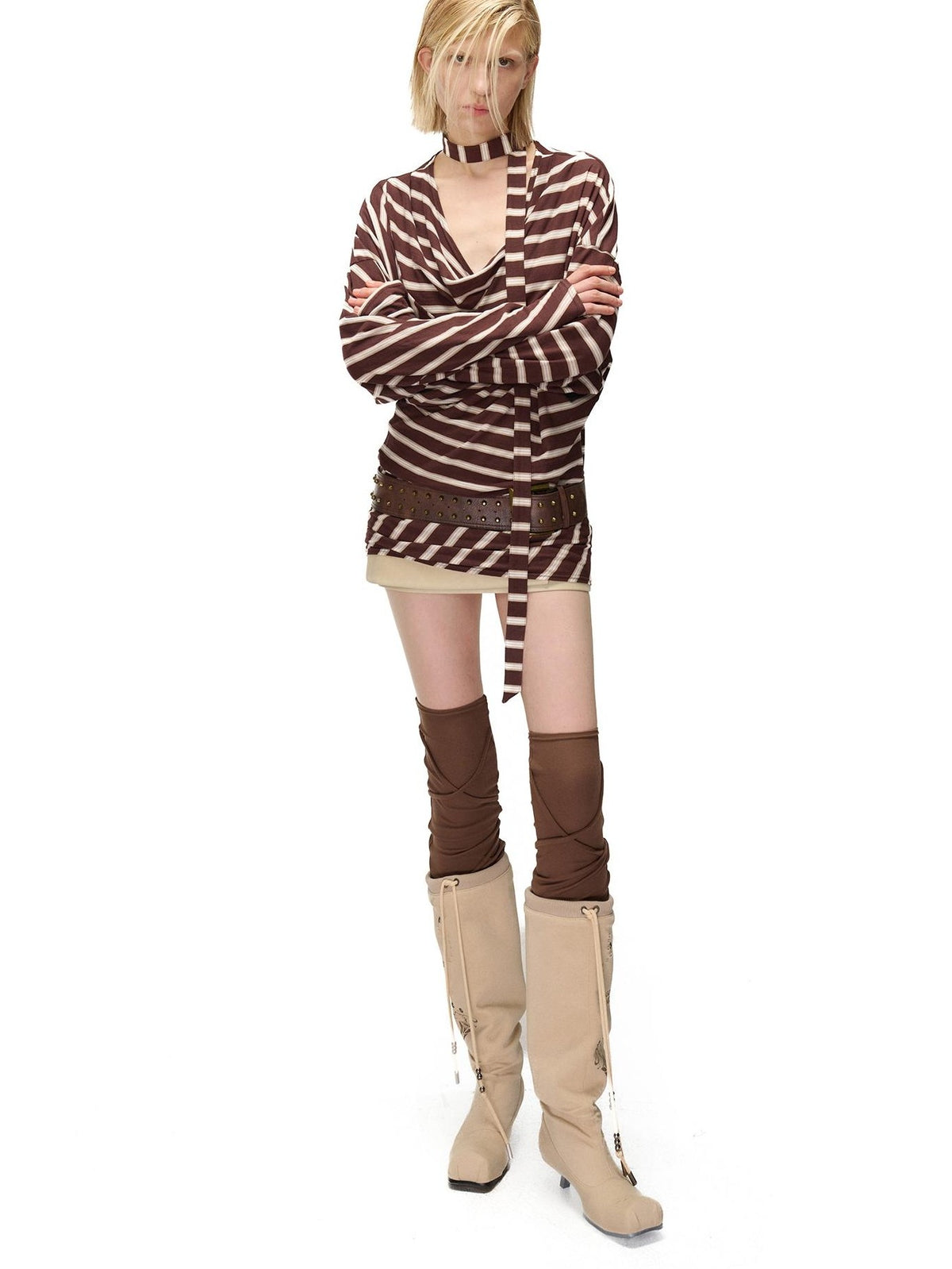 NORTH NODE Retro Irregular Stripe Boat Neck Women&