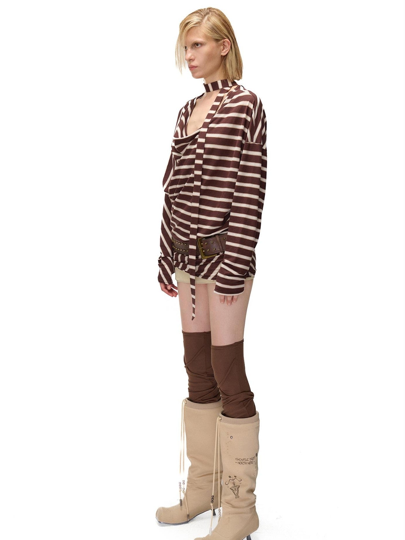 NORTH NODE Retro Irregular Stripe Boat Neck Women&