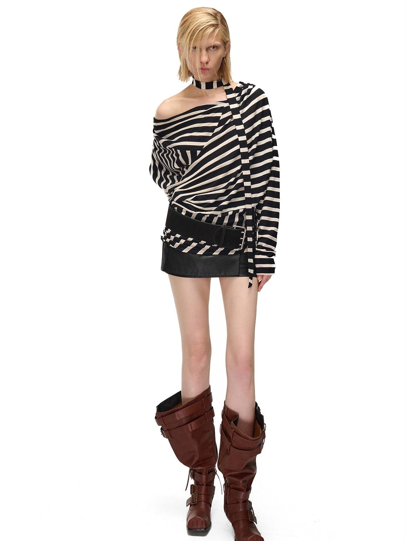 NORTH NODE Retro Irregular Stripe Boat Neck Women&