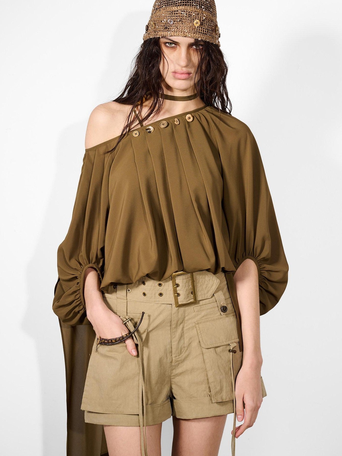 NORTH NODE Ruched Beaded Puff Sleeves Off Shoulder Asymmetrical Women&