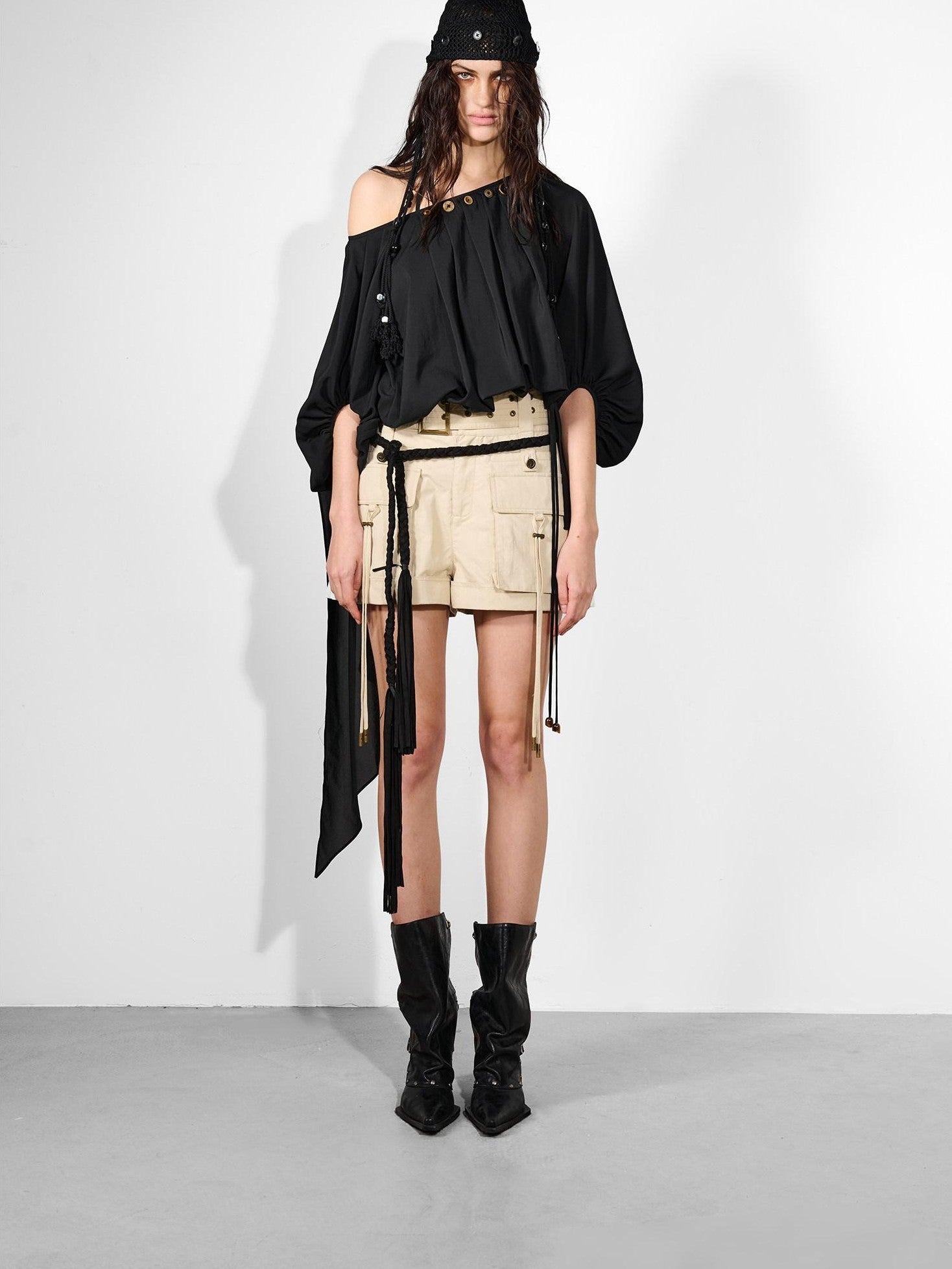 NORTH NODE Ruched Beaded Puff Sleeves Off Shoulder Asymmetrical Women&
