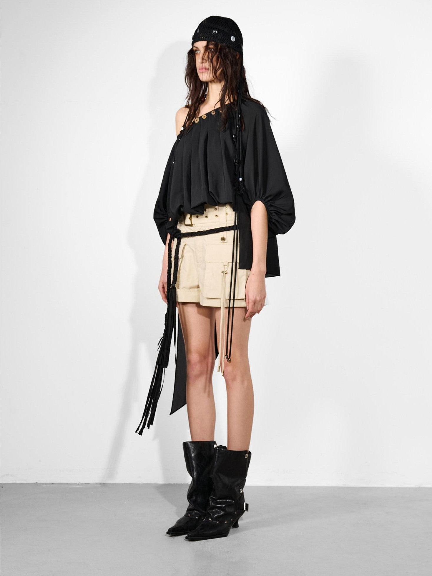 NORTH NODE Ruched Beaded Puff Sleeves Off Shoulder Asymmetrical Women&